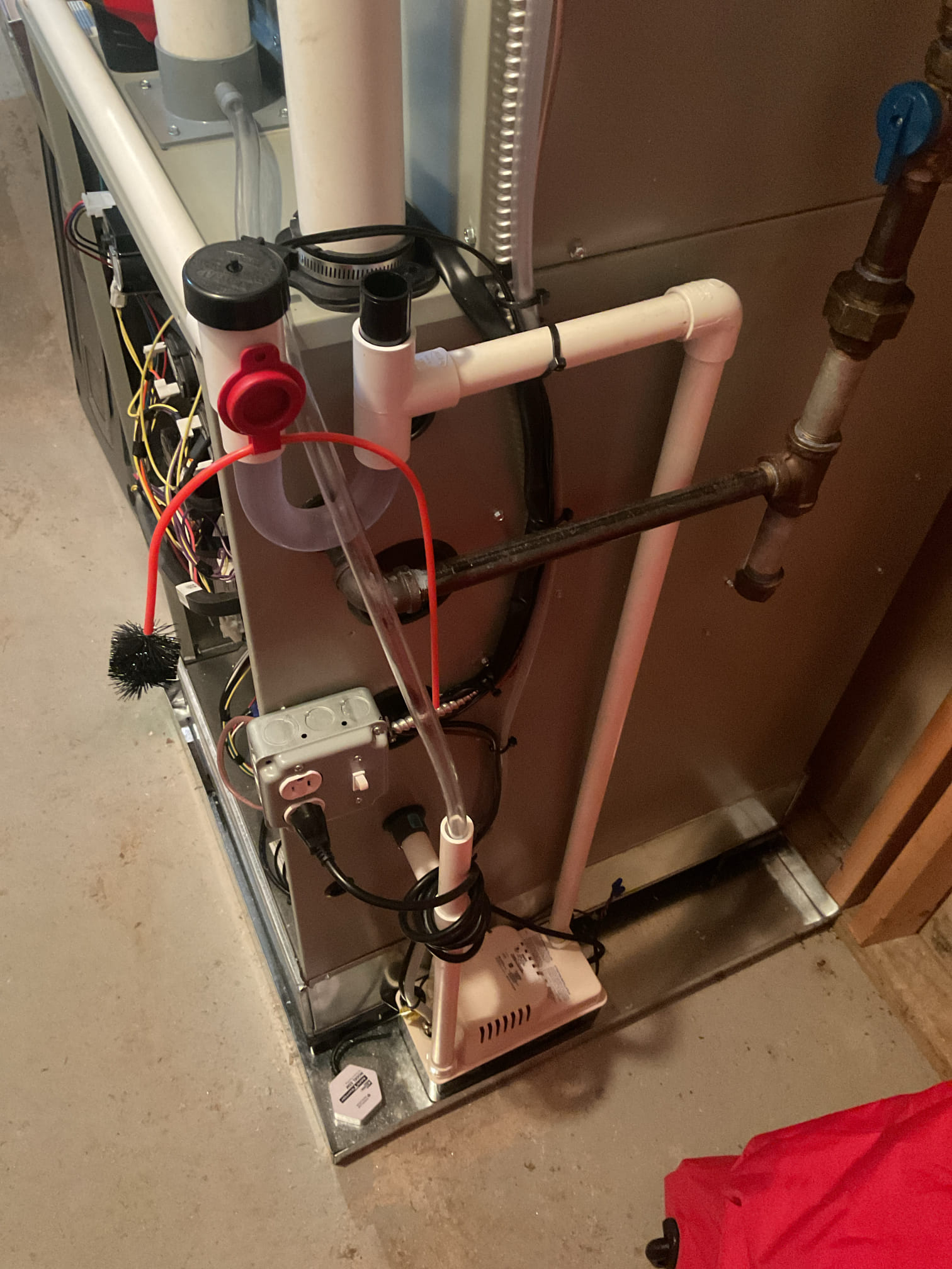 4/3/26. Performed quality assurance on recently installed trane gas furnace and a/c. Checked all electrical connections and components. Tested system in a/c mode. Added 6ozs of r 454b to the system. Found that the condensate goes outside ( there is no where else to run it) but found 3/8” vinyl kinked and no barb fitting connection at 3/4” pvc to go outside. Re did connections with barb fitting and tested operation. Checked thermostat settings. A/c is working properly at quality assurance check. 