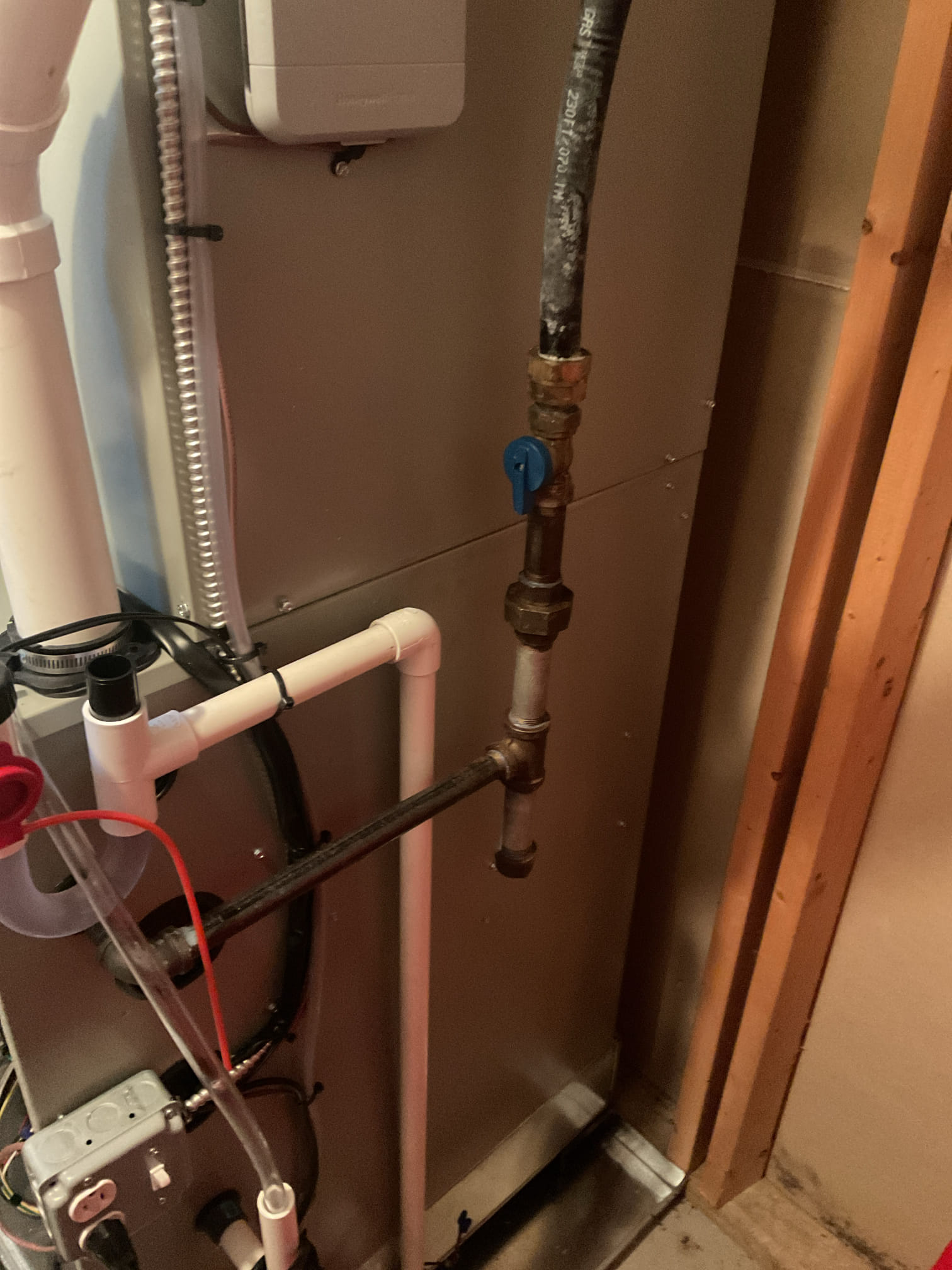 4/3/26. Performed quality assurance on recently installed trane gas furnace and a/c. Checked all electrical connections and components. Tested system in a/c mode. Added 6ozs of r 454b to the system. Found that the condensate goes outside ( there is no where else to run it) but found 3/8” vinyl kinked and no barb fitting connection at 3/4” pvc to go outside. Re did connections with barb fitting and tested operation. Checked thermostat settings. A/c is working properly at quality assurance check. 