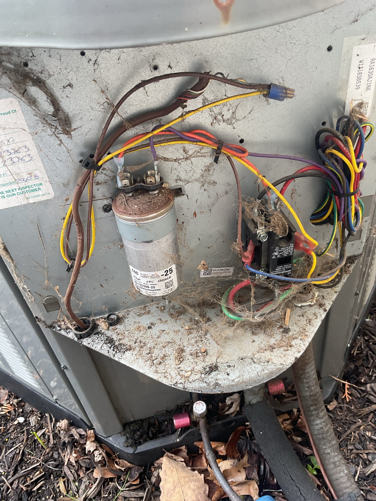 4/3/26. Fully assessed no cooling situation on 2018 rheem a/c system. Gave system a call for cooling when I arrived. Found inside unit running but only condenser fan was running outside. Found blown 40/5 capacitor. Provided options to repair. Homeowner decided to go with signing up for the maintenance plan. Replaced 40/5 capacitor and installed (2) zap pro surge protectors for inside blower motor and to protect outdoor a/c. Checked 410a refrigerant pressures. A/c is working properly at time of service. 