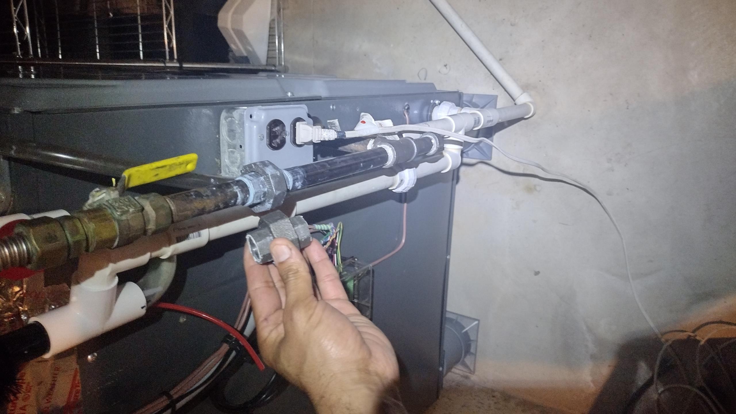 Luis 4-4-26 customer called in for gas Oder from first floor system, check gas piping near water heater and first floor heater, check from 1/2 shutoff valves to components gas delivery system. Water heater piping ok no leaks, found small leak in 1/2 union at first floor heater, tried to tighten union but no success (already tightened) I replaced union and check for leaks no more leaks now. 
Replacement of 1/2 black iron union 