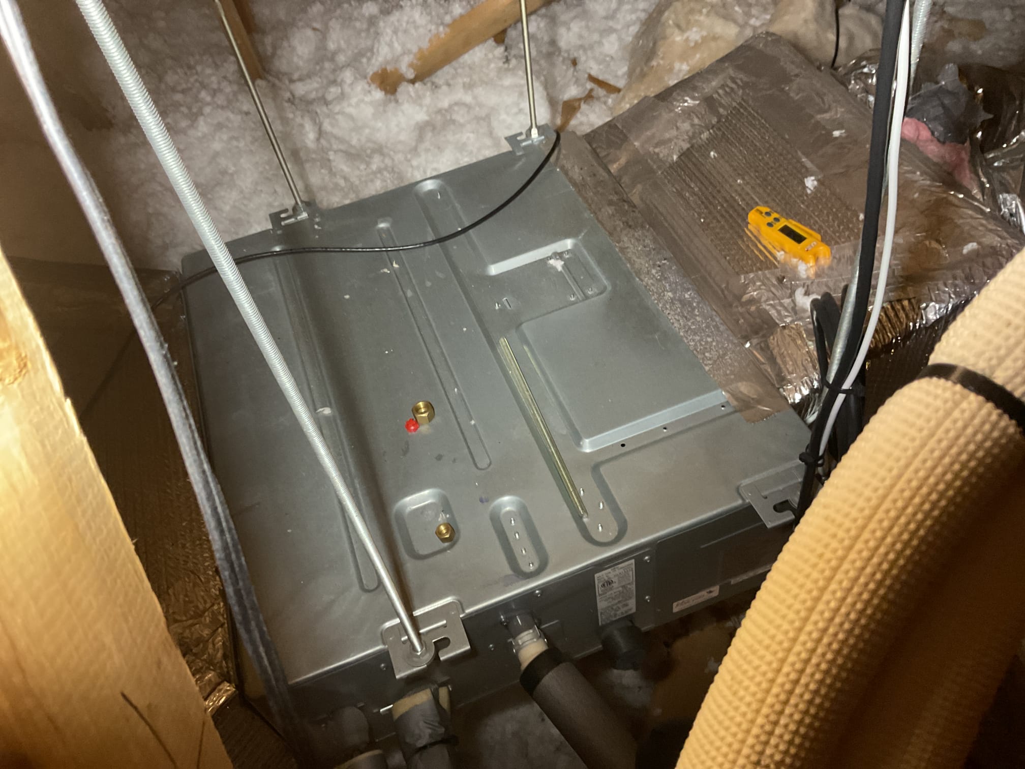 4/6/26. Performed precision a/c tune up on 2015 Fujitsu mini split with (4) ducted air handlers. Replaced 12x30x1, (2) 12x24x1, 14x24x1 air filters provided by homeowner. Recommended to them to buy the cheap air filters for better air flow.  Checked temperature split. Found no water protection under attic air handlers. Explained to homeowner that a good option would be (2) metal drain pans with WiFi rope leak detectors. He is considering getting gas in the home. Recommend to him to install (2) gas furnace a/c’s (1) for the first floor (1) for the second floor. Set up appointment with our office to give replacement quotes. 