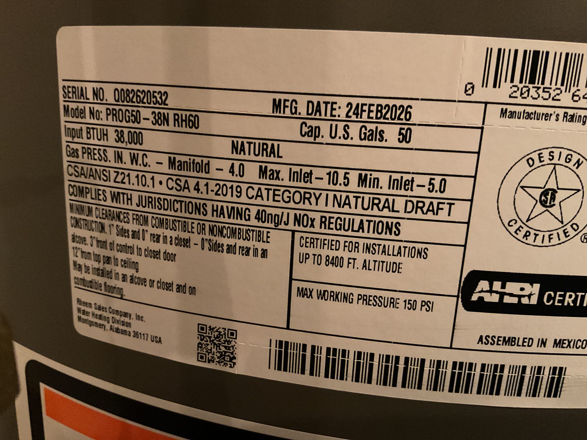 4/7/26. Installed new Rheem 50 gallon natural gas atmospheric water heater. Adapted to copper pipping with propress fittings. Checked for leaks, no leaks found. Also installed ag3000 surge protector for outdoor unit. Water heater is working properly at time of service. 