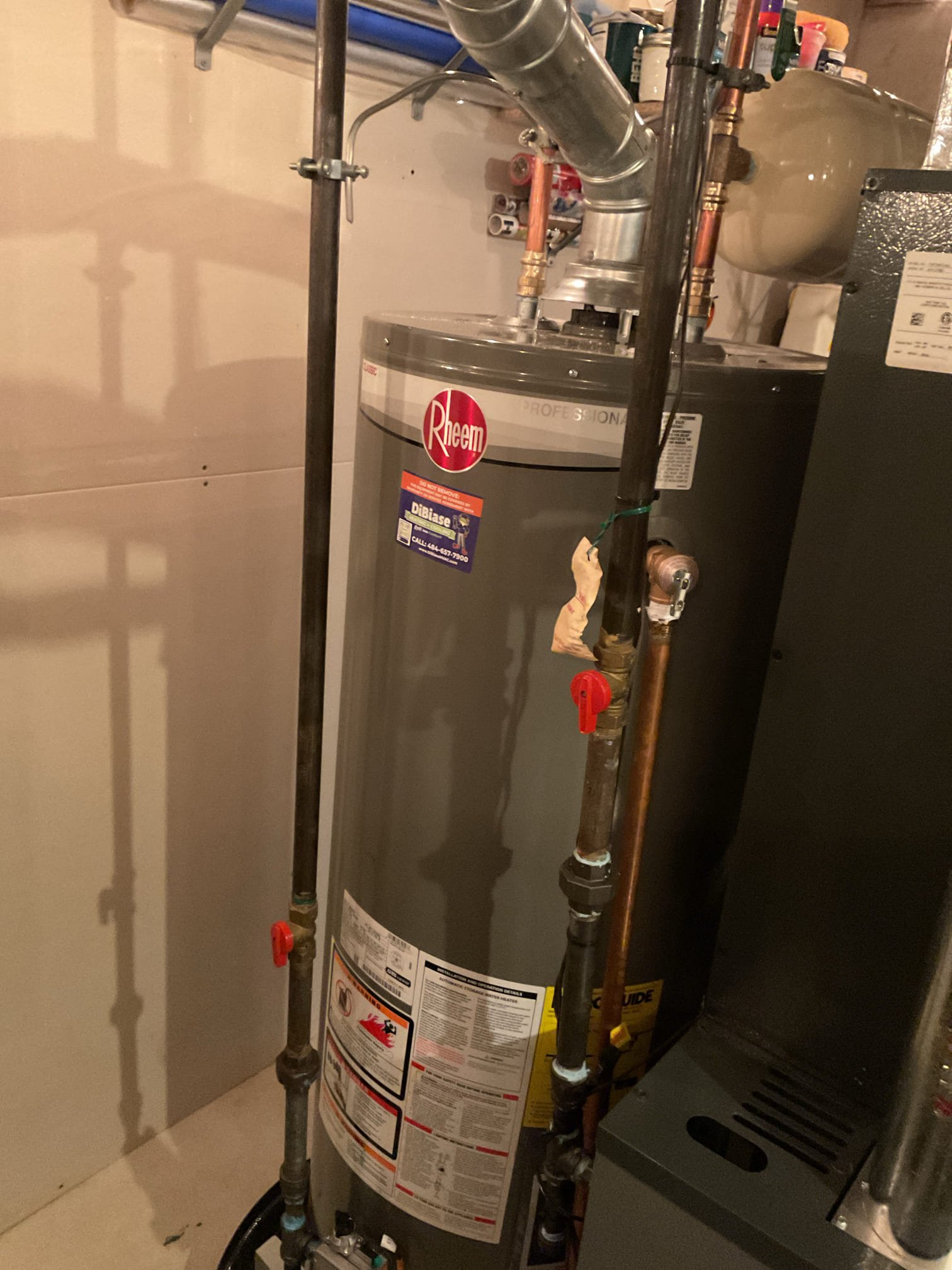 4/7/26. Installed new Rheem 50 gallon natural gas atmospheric water heater. Adapted to copper pipping with propress fittings. Checked for leaks, no leaks found. Also installed ag3000 surge protector for outdoor unit. Water heater is working properly at time of service. 