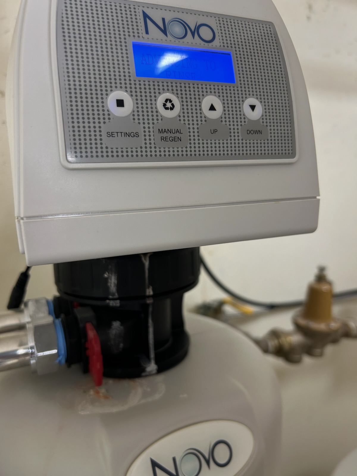 4/8/26. Removed existing water softer head and replaced. Also replaced both filters on tanks. Set up water softener per Manuel with regen time to 2:00 am. Checked for any leaks no leaks found. Also performed precision a/c tune up on 2019 amana a/c system. Replaced 16x25x4 ( homeowner provided). Checked all electrical connections and components. Found no wet switch installed on current system, recommend installing for water protection. Installed and tested operation. Checked temperature split. Checked refrigerant pressures and temperatures. A/c is working properly at time of service. 