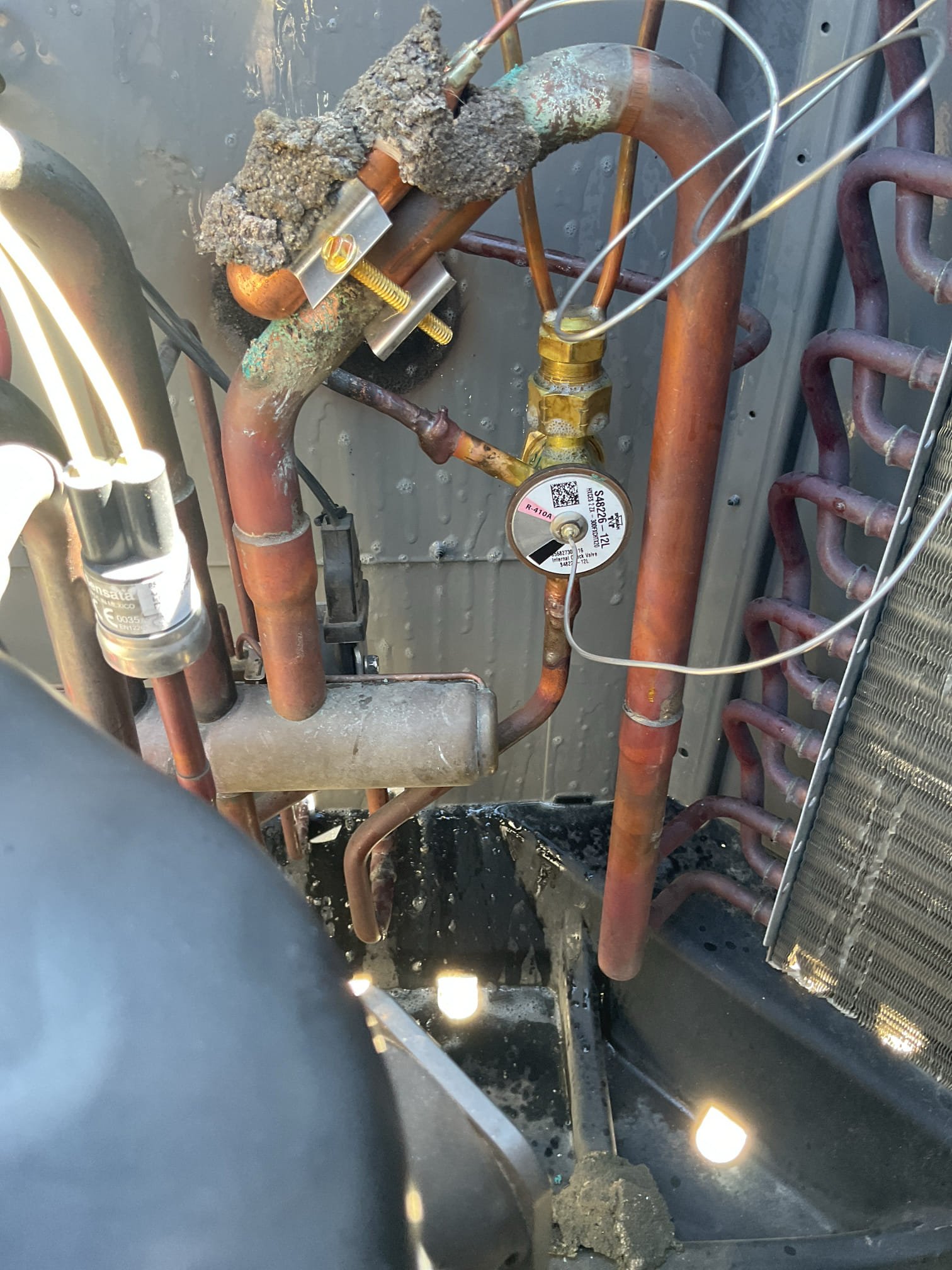 4/8/26. Replaced outdoor txv and pressure tested at 300 microns. Vacuumed down below 500 microns. Added in 7 lbs 8ozs of 410a ( provided by Atwater). Tested in both heating and cooling mode. Also replaced indoor control board. Heat pump is working properly at time of service. 