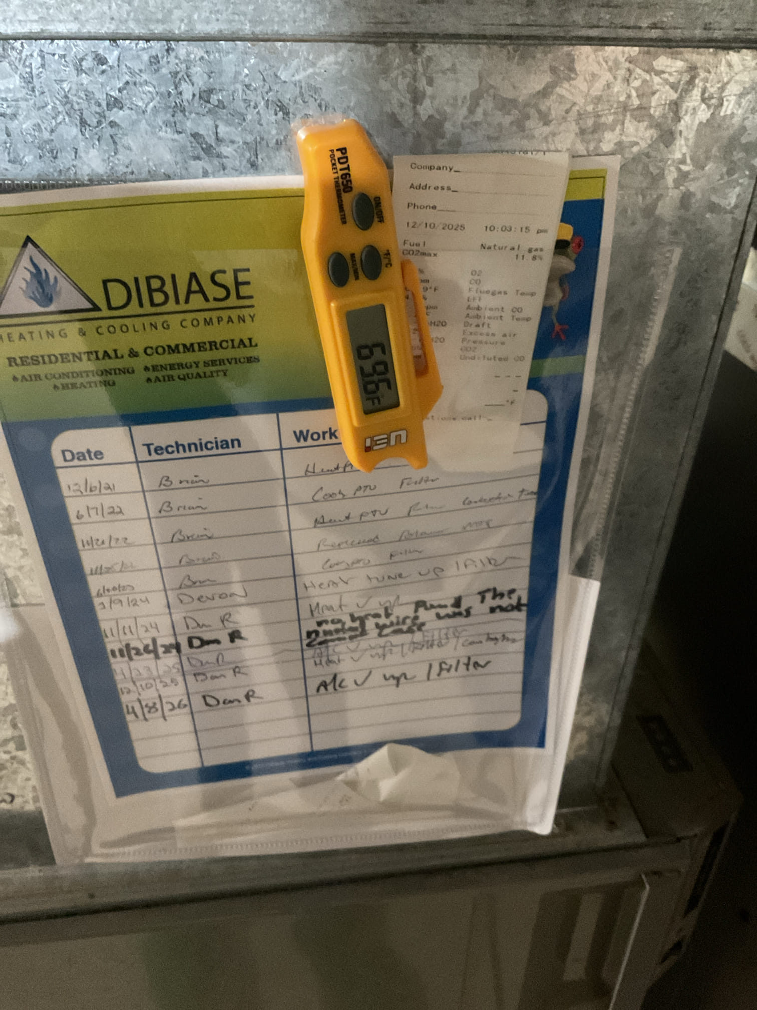 4/8/26 Dan 

I arrived to the customers home to service their 10 yr old luxaire gas furnace and their a/c side . I checked the wiring connections and the voltages . I checked and replaced the indoor air filter , the filter size is 20x20x1.  I Inspected the indoor coil and tested the primary drain pan with water and flushed the drain line and cleared. I Took indoor temp splits at the return and the supply  and checked the blower motor condition and operation. I looked at the outdoor unit wiring connections and voltages . I inspected  the outdoor components and checked my unit pressures by using super heat sub cool method.  The system is currently operational but past normal life expectancy. Replacement of system is recommended in the near future. 

I did recommend some water, safety recommendations three options for the customers to review.