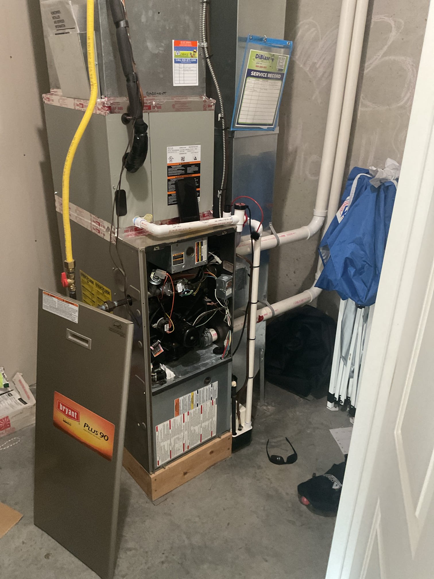 Luis 4-10-26 customer called in for blank thermostat on basement unit. Found heater locked out on rollout safety sensor. Reset switch and checked heater operation, heater cabinet is extremely hot. Heater not exhausting correctly, secondary heat exchanger failed. Unit would run for minutes then shutoff ok safety. I also noticed blower motor leaking oil from bearings. Unit is from 2005. I would recommend getting an estimate to replace propane heater. 
Replacement of attic 20x20 filter. 

I tested ac system and cool is coming out. I presented optima for repairs. I would highly recommend getting an estimate to update heater. 