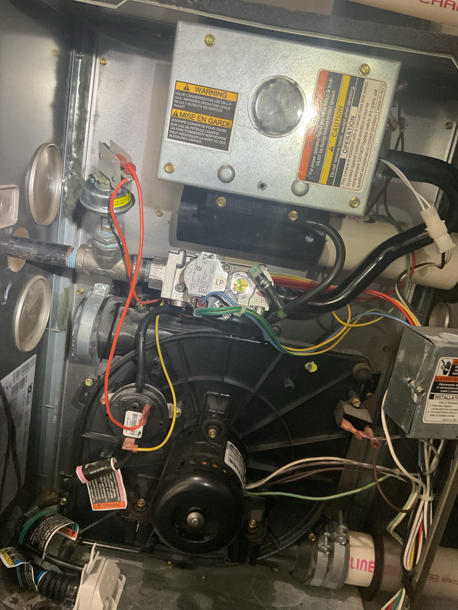 Luis 4-10-26 customer called in for blank thermostat on basement unit. Found heater locked out on rollout safety sensor. Reset switch and checked heater operation, heater cabinet is extremely hot. Heater not exhausting correctly, secondary heat exchanger failed. Unit would run for minutes then shutoff ok safety. I also noticed blower motor leaking oil from bearings. Unit is from 2005. I would recommend getting an estimate to replace propane heater. 
Replacement of attic 20x20 filter. 

I tested ac system and cool is coming out. I presented optima for repairs. I would highly recommend getting an estimate to update heater. 