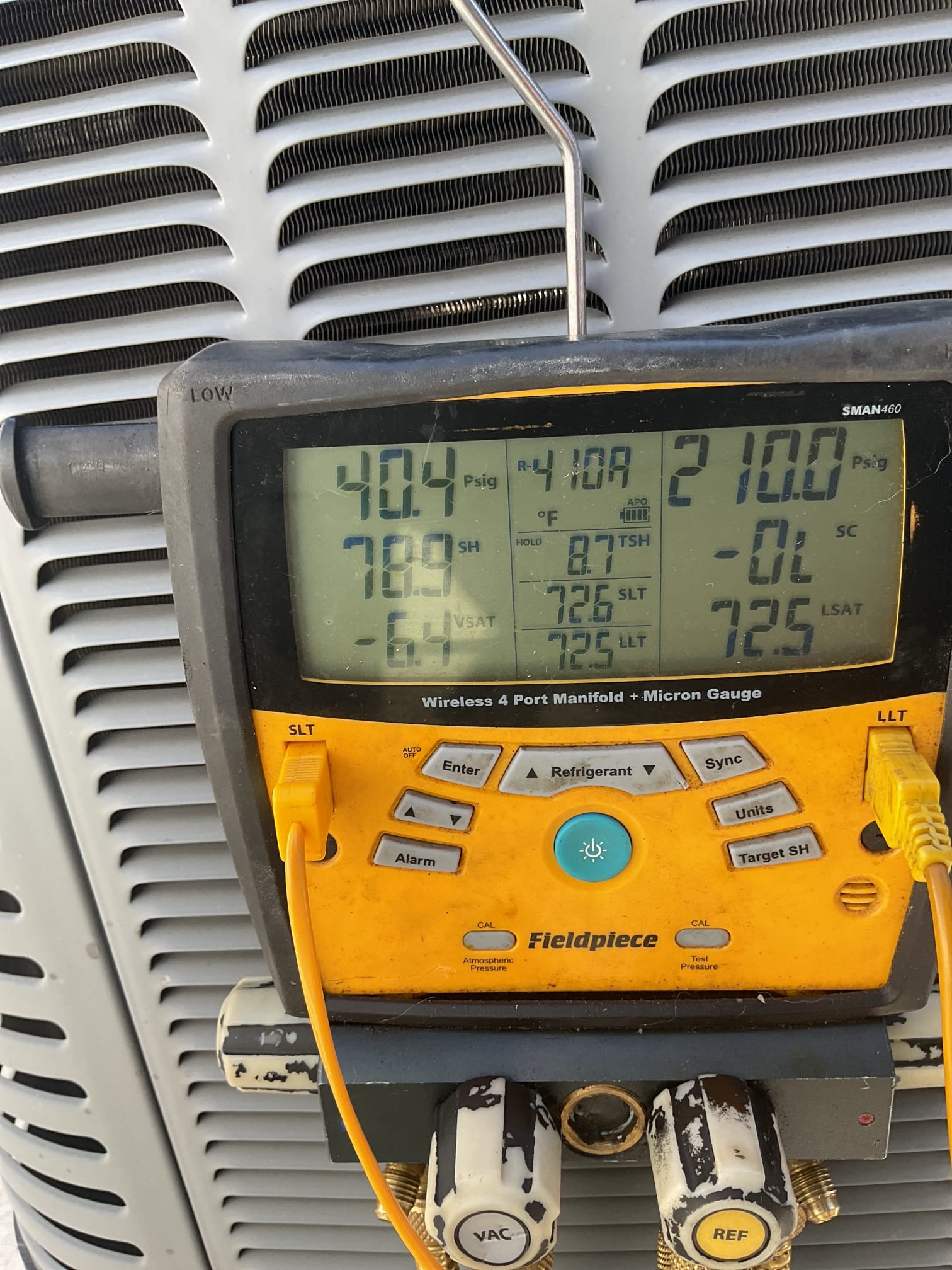4/10/26. Fully assessed no cooling situation on 2016 Rudd heat pump system. Found system about 2 pounds low on charge. Refrigerant pressures were 213/40. Added 2 pounds of R410 a provided by at water. Refrigerant pressures are now 269/111. With a 19° split at indoor unit. heat pump is working fine at time of service. Do not know how long charge will last.
