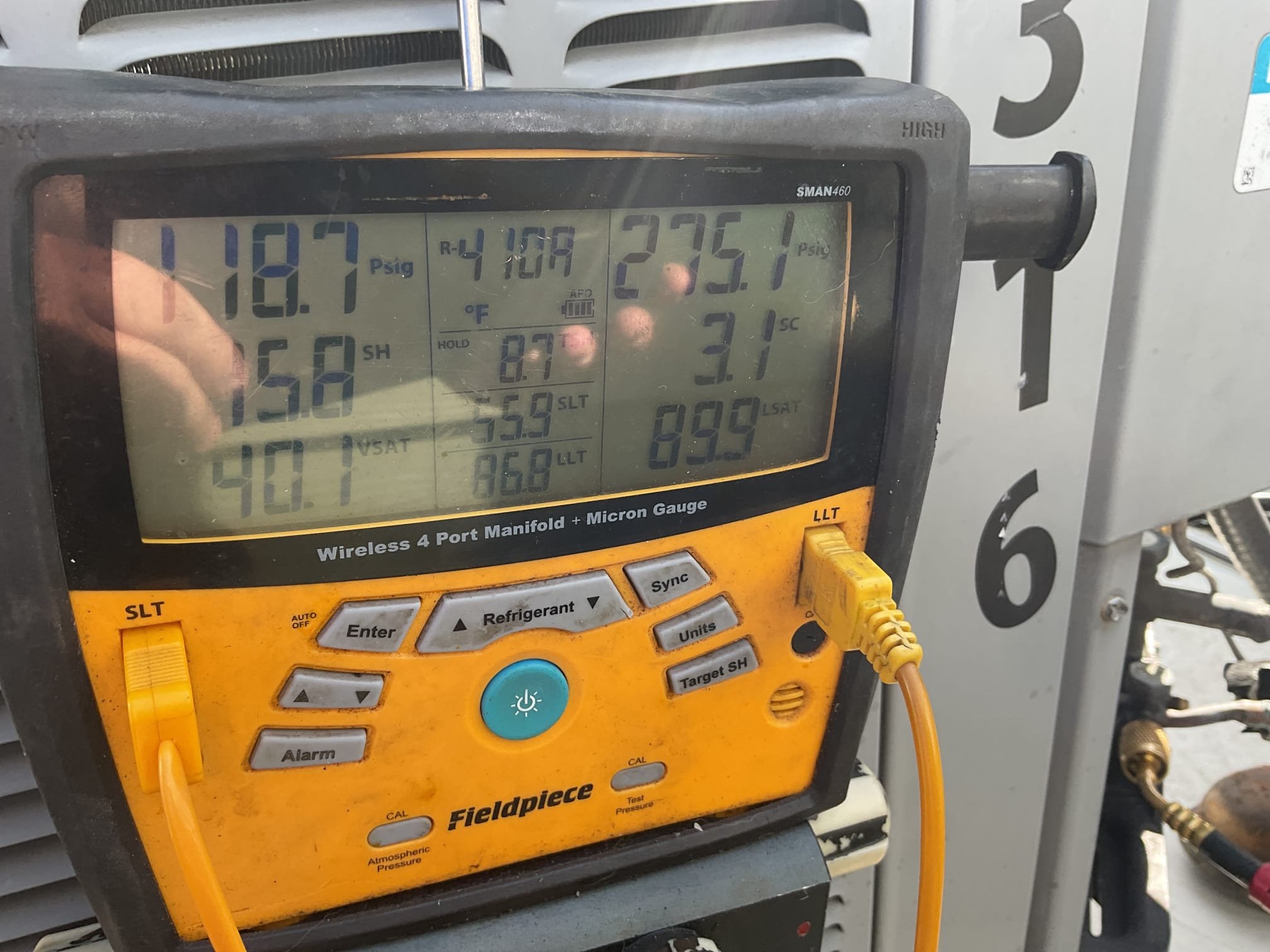 4/10/26. Fully assessed no cooling situation on 2016 Rudd heat pump system. Found system about 2 pounds low on charge. Refrigerant pressures were 213/40. Added 2 pounds of R410 a provided by at water. Refrigerant pressures are now 269/111. With a 19° split at indoor unit. heat pump is working fine at time of service. Do not know how long charge will last.