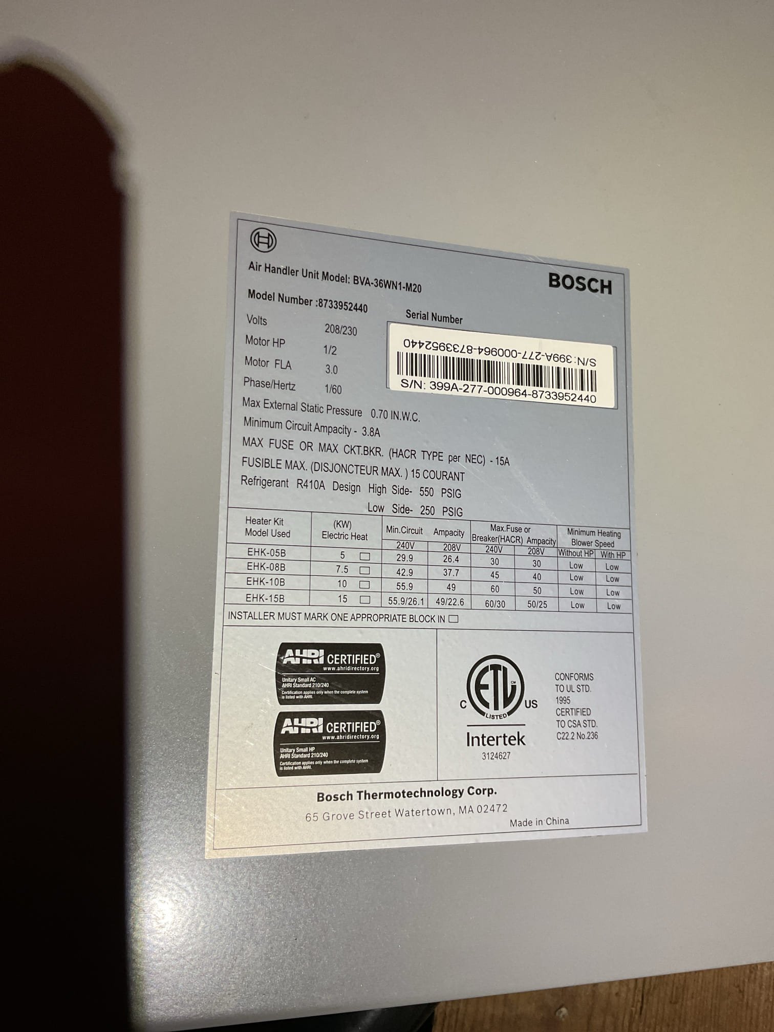 Completed AC tune up for 3 Ton Bosch inverter system

Replaced 20x20x1 filter
Indoor and outdoor coils in good condition 
Inspected wiring, controls, electric motors and components; 
Measured temperature split and static pressure 
Inspected drains; cleared EZ trap, tested pump; added treatment tabs to drain pan. 

Assessed refrigerant charge checked pressures. 

Left estimate for APCOX whole home air treatment system. Will keep indoor AC coil and drain line clean. 

AC system operating well at this time. 