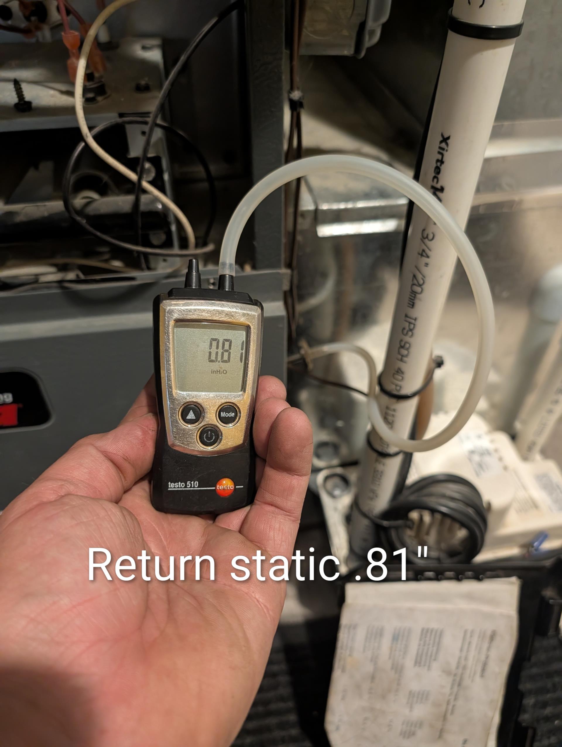 Completed AC tune up for 2.5 Ton Amana AC system.
Installed March 2019 by Dibiase. 7 years old 

Replaced 16x25x1 filter
Indoor and outdoor coils in good condition 
Inspected wiring, controls, electric motors and components; left estimates for surge protectors 
Measured temperature split and static pressure 
Inspected drains; cleared  EZ trap, tested pump; added treatment tabs to drain line. Also provided email estimate for wet switch; this is an additional water safety device that will shut system down if water is detected on floor near indoor equipment
 
Checked integrity of compressor motor (mega ohm test)

Assessed refrigerant charge checked pressures. 12.5° Subcooling Good

AC system operating well at this time. 

Homeowner paid for plan renewal today. 