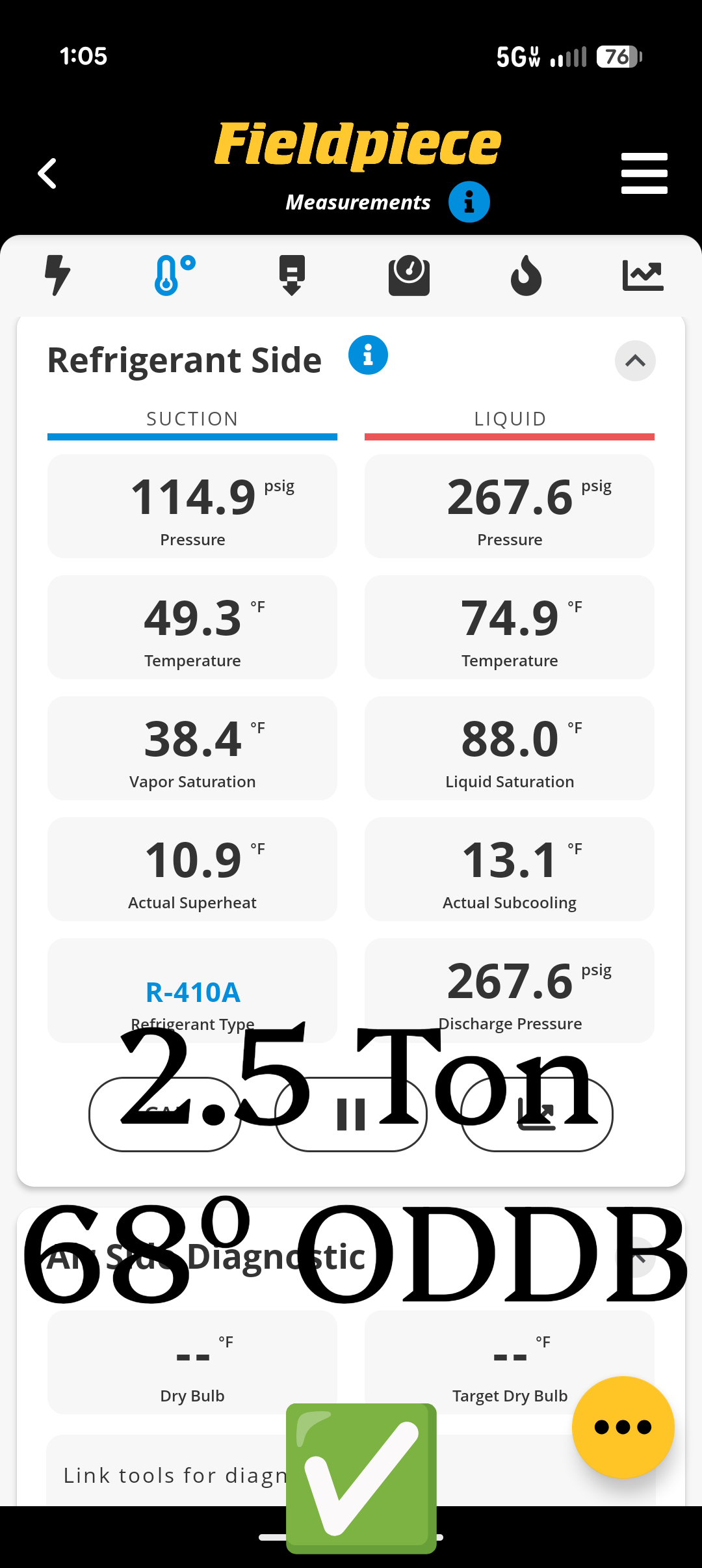 Completed AC tune up for 2.5 Ton Amana AC system.
Installed March 2019 by Dibiase. 7 years old 

Replaced 16x25x1 filter
Indoor and outdoor coils in good condition 
Inspected wiring, controls, electric motors and components; left estimates for surge protectors 
Measured temperature split and static pressure 
Inspected drains; cleared  EZ trap, tested pump; added treatment tabs to drain line. Also provided email estimate for wet switch; this is an additional water safety device that will shut system down if water is detected on floor near indoor equipment
 
Checked integrity of compressor motor (mega ohm test)

Assessed refrigerant charge checked pressures. 12.5° Subcooling Good

AC system operating well at this time. 

Homeowner paid for plan renewal today. 