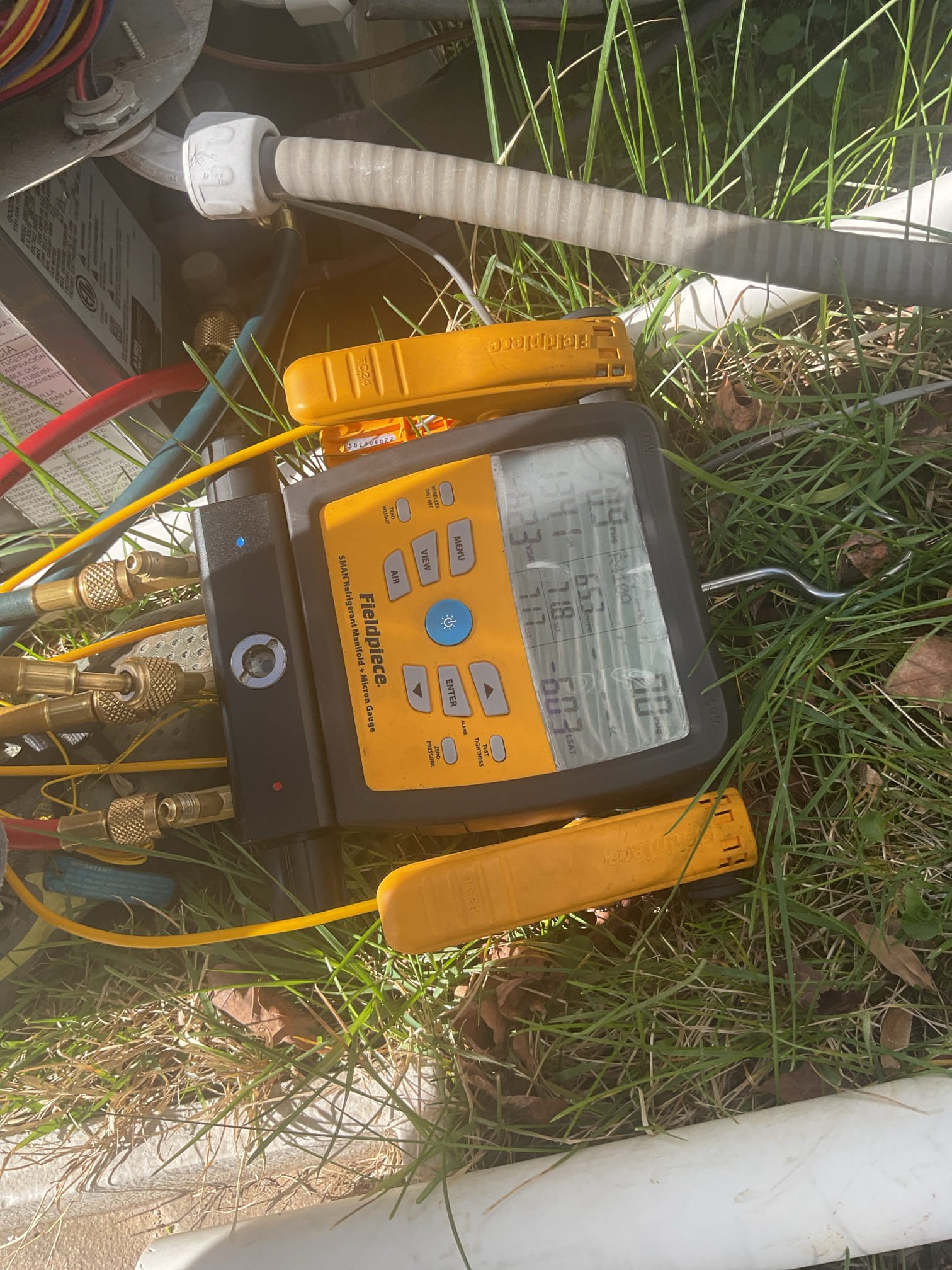 Luis 4-9-26 customer called him for no cooling other company checked system and said system had no refrigerant, check system and found zero psi. Provided estimate for repairs. First is to pressure test, customer approved Pressure test system to find leaks, found indoor coil leaking, at this time new indoor coil is needed for the ac to work properly. Other option is to replace with new system.  Customer decided to go with  the repairs replacement of indoor coil under parts only warranty. Customer paid 50% for repairs 

Luis 4-13-26 after replacing the coil putting everything together checked the drain. I found the drain pan leaking. I tried fixing but no success. We need o come back to replace horizontal drain line, we will need two people we will try not to disconnect line set and replace pan in place. 
4-14-26 replacement of horizontal drain pan for air handler, test operation after repairs ok. Check drain and test refrigerant pressures ok. Total charge 8 lbs and 8 oz. Air conditioner