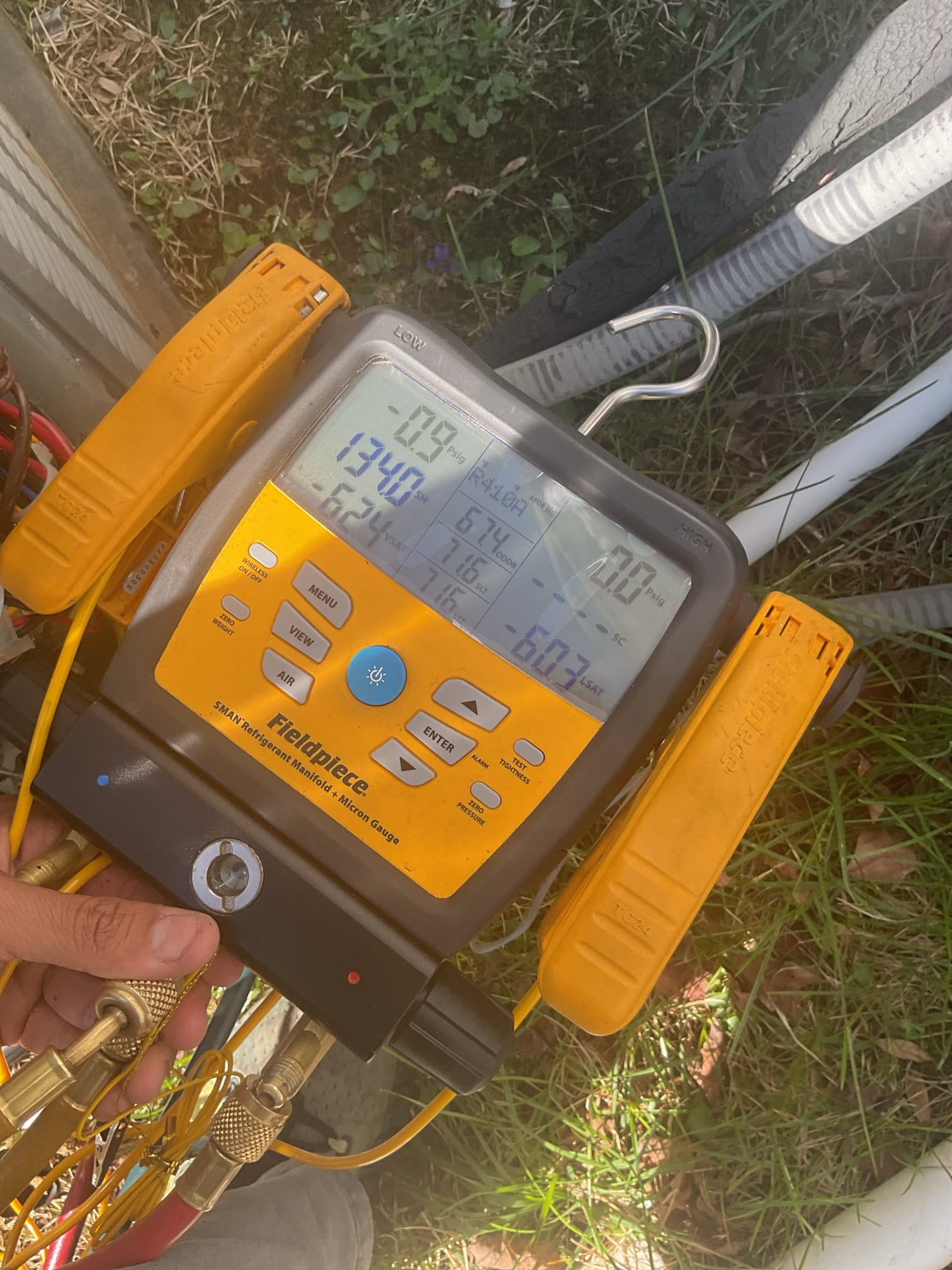 Luis 4-9-26 customer called him for no cooling other company checked system and said system had no refrigerant, check system and found zero psi. Provided estimate for repairs. First is to pressure test, customer approved Pressure test system to find leaks, found indoor coil leaking, at this time new indoor coil is needed for the ac to work properly. Other option is to replace with new system.  Customer decided to go with  the repairs replacement of indoor coil under parts only warranty. Customer paid 50% for repairs 

Luis 4-13-26 after replacing the coil putting everything together checked the drain. I found the drain pan leaking. I tried fixing but no success. We need o come back to replace horizontal drain line, we will need two people we will try not to disconnect line set and replace pan in place. 
4-14-26 replacement of horizontal drain pan for air handler, test operation after repairs ok. Check drain and test refrigerant pressures ok. Total charge 8 lbs and 8 oz. Air conditioner