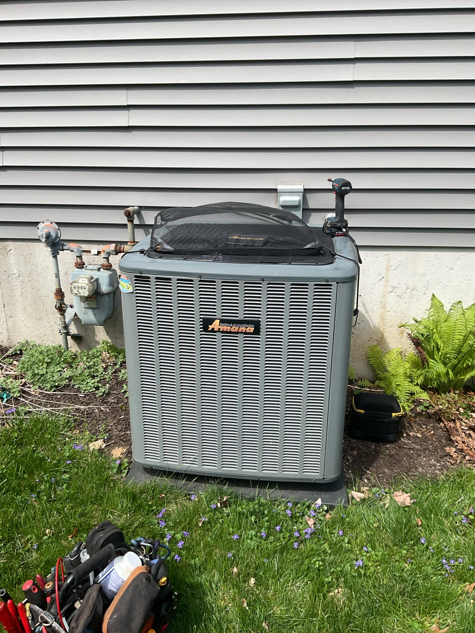 Completed AC tune up for 3.5 Ton Amana AC system installed by Dibiase 12/1/20 5 years old 

Replaced Aprilaire 413 filter provided by homeowner 
Indoor and outdoor coils in good condition 
Inspected wiring, controls, electric motors and components; left estimates for surge protectors. 1 for indoor blower motor and 1 for outdoor equipment circuit. 
Measured temperature split and static pressure 
Inspected drains; cleared EZ trap, tested pump; added treatment tabs to drain pan. System does not have wet switch; device that will shut equipment down if water is detected on floors near equipment. Provided email estimate to install wet switch, 
Checked integrity of compressor motor (mega ohm test)

Assessed refrigerant charge checked pressures. 

AC system operating well at this time. 

Homeowners paid and renewed plan today. 