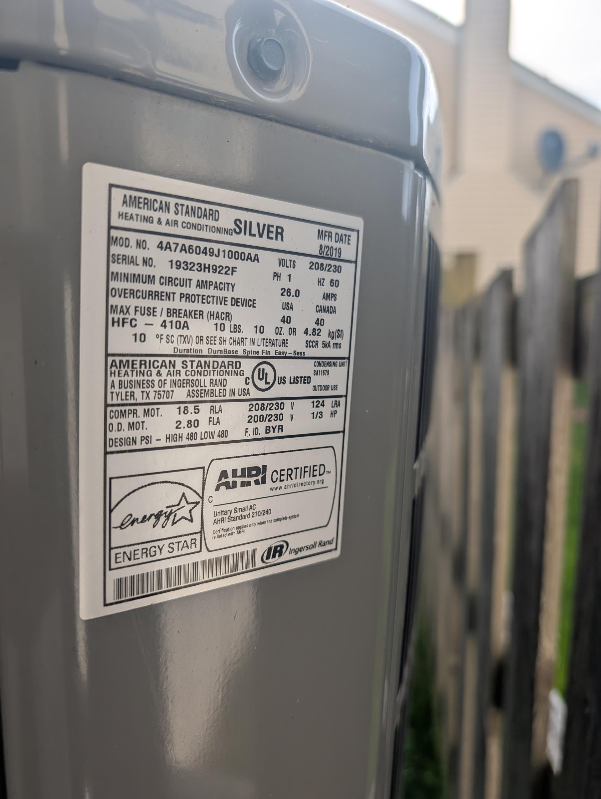 Completed AC tune up for 5 Ton American Standard AC system
Gas furnace+ AC installed September 2019 by Dibiase. System 6 years old 

Replaced 16x25x1 filter
Indoor and outdoor coils in good condition 
Inspected wiring, controls, electric motors and components; left estimates for surge protector for outdoor equipment circuit. Indoor blower motor has surge protector
Measured temperature split and static pressure 
Inspected drains; cleared EZ trap, tested pump; added treatment tabs to drain pan. There is no wet switch. Water safety that will shut equipment down if water is detected on floors near indoor equipment. 
Checked integrity of compressor motor (mega ohm test)

Assessed refrigerant charge checked pressures: Good

AC system operating well at this time. 