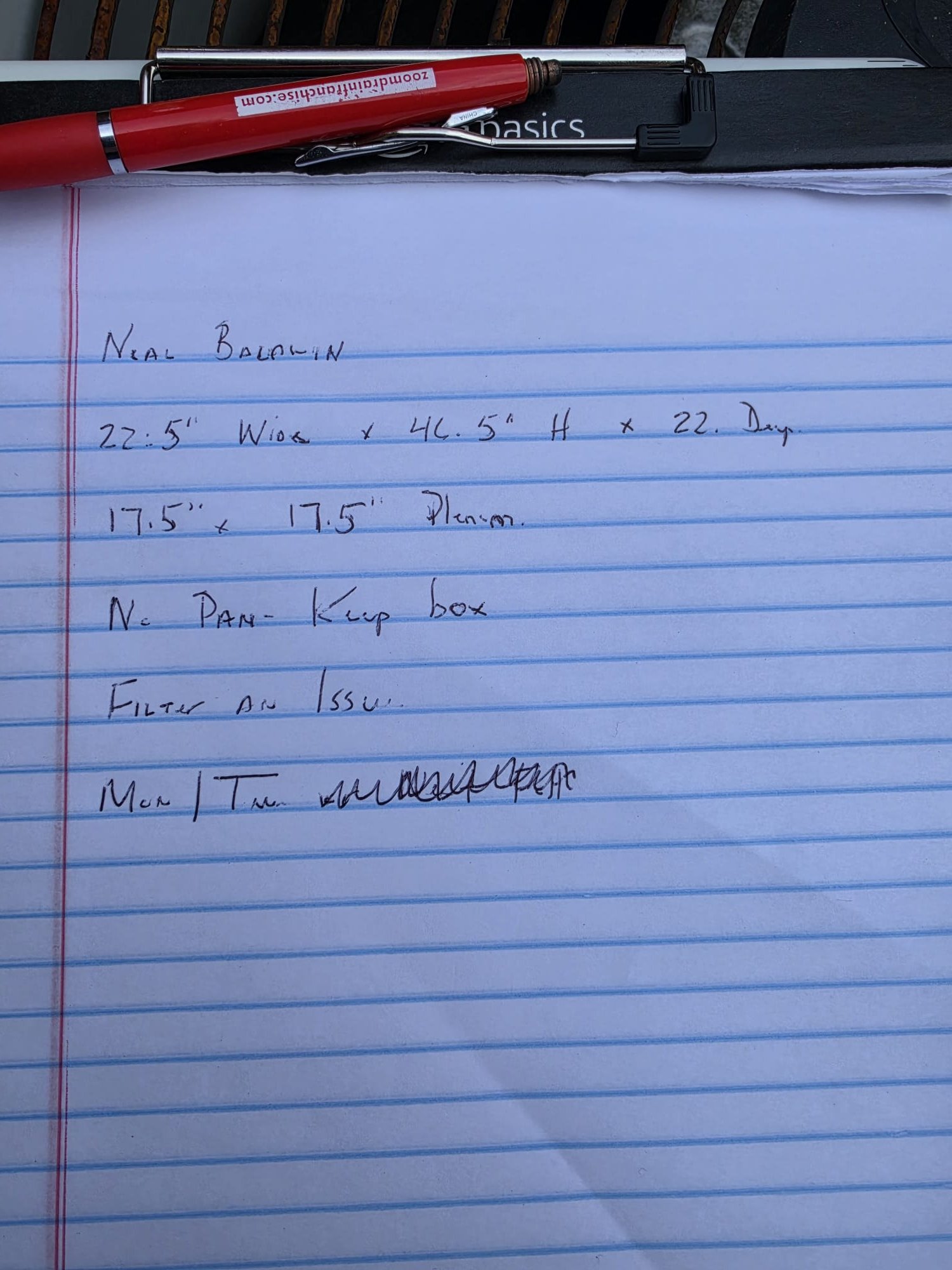 Reviewed jobsite and measured equipment and collected breaker sizes and line sizes for new installation.
