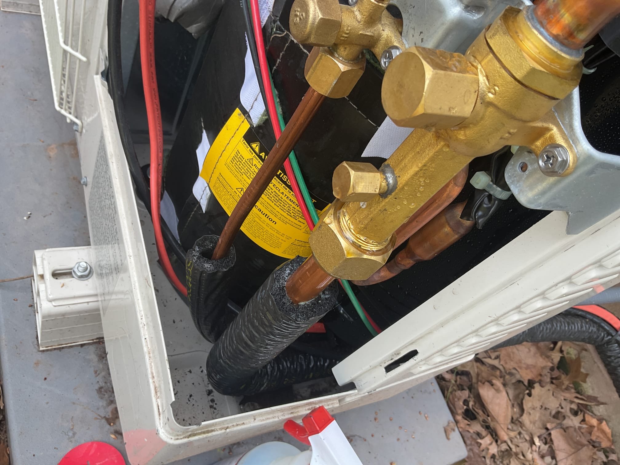 4/16/26. Found system low on charge pressures were 332/87. Recovered all refrigerant. Leak tested system. Found leak at 3/4” suction line at outdoor unit. Repaired fitting and used 3/4” purple ring. Re pressure tested, no leaks found. Added in 18 lbs 4 ozs of r454b. Refrigerant pressures are now 400/142. System is working properly at time of service. 