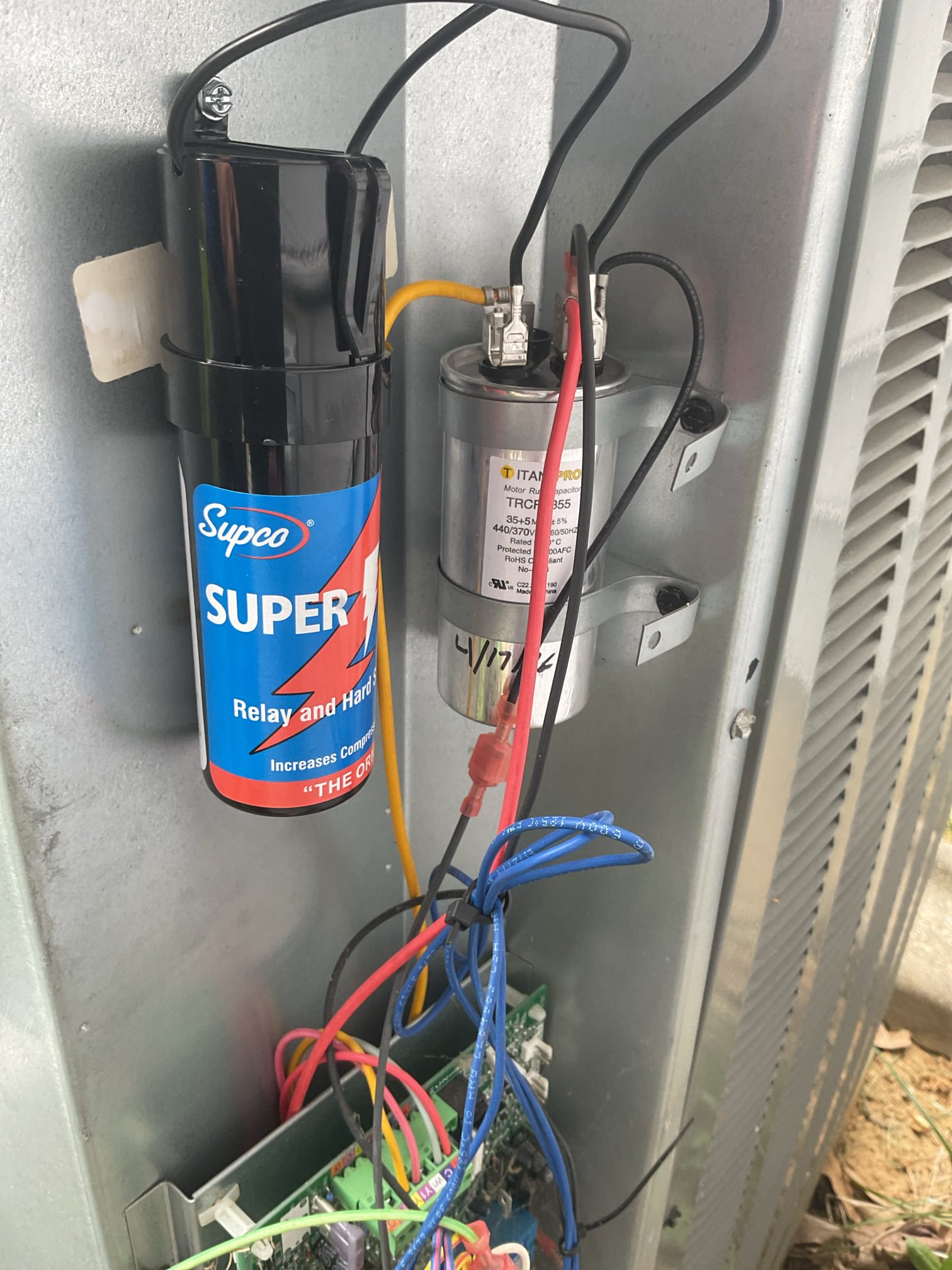 No cooling 4 Ton Communicating Amana system:
Checked for any open safeties and low voltage issues, none found. Made new demand for cooling. Found condenser fan operating but compressor not.
Found failed dual capacitor at outdoor unit. 
Offered to replace failed dual run capacitor. System will not run without it. Also offered to install SPP6 start capacitor at the same time. Homeowners agreed. 
Replaced failed dual run capacitor and installed SPP6 Hard Start Kit.

Afterwards tested system: Refrigerant pressures and temperature split Good

System operating well at this time. 