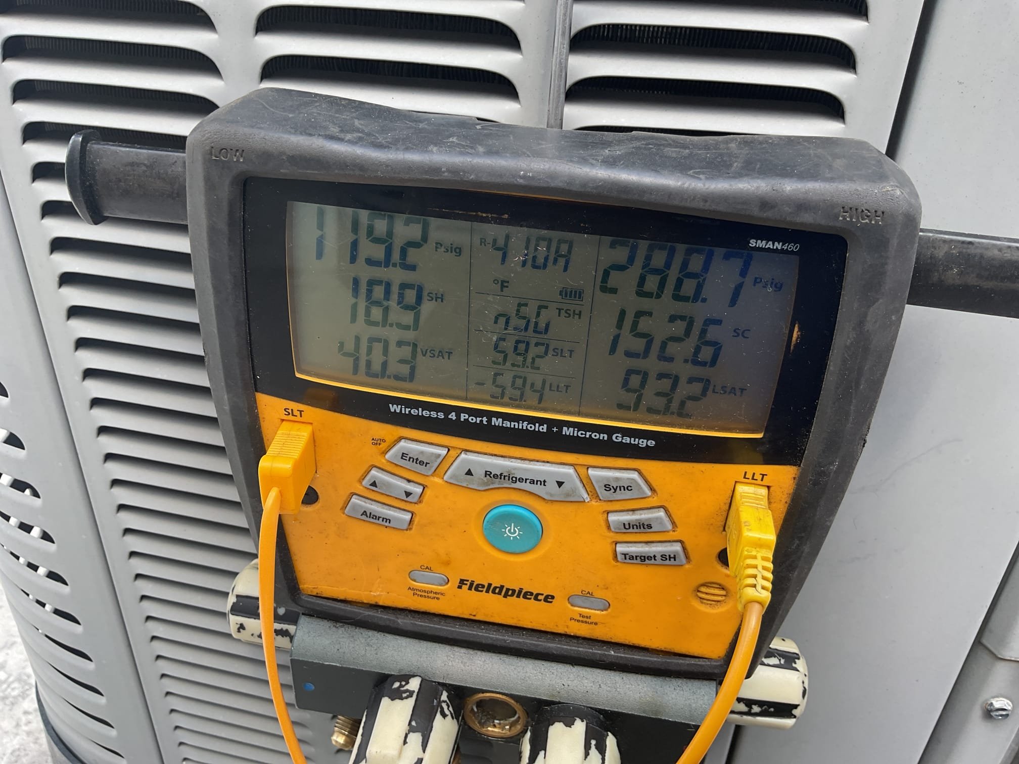 4/17/26. Fully assessed no cooling situation on 2016 Rudd heat pump system. Found when I arrived the thermostat was on a schedule and set to 80° set temp. Turned off the schedule and put it on hold feature. And tested operation and cooling mode. Check temperature split it was 18°.R410a refrigerant pressures were  282/116 with 7.6 subcooling. As the system ran the system drop temp to 73° inside the apartment and is working fine. More than likely the schedule was screwing up the thermostat settings. Heat pump is working fine at time of service.