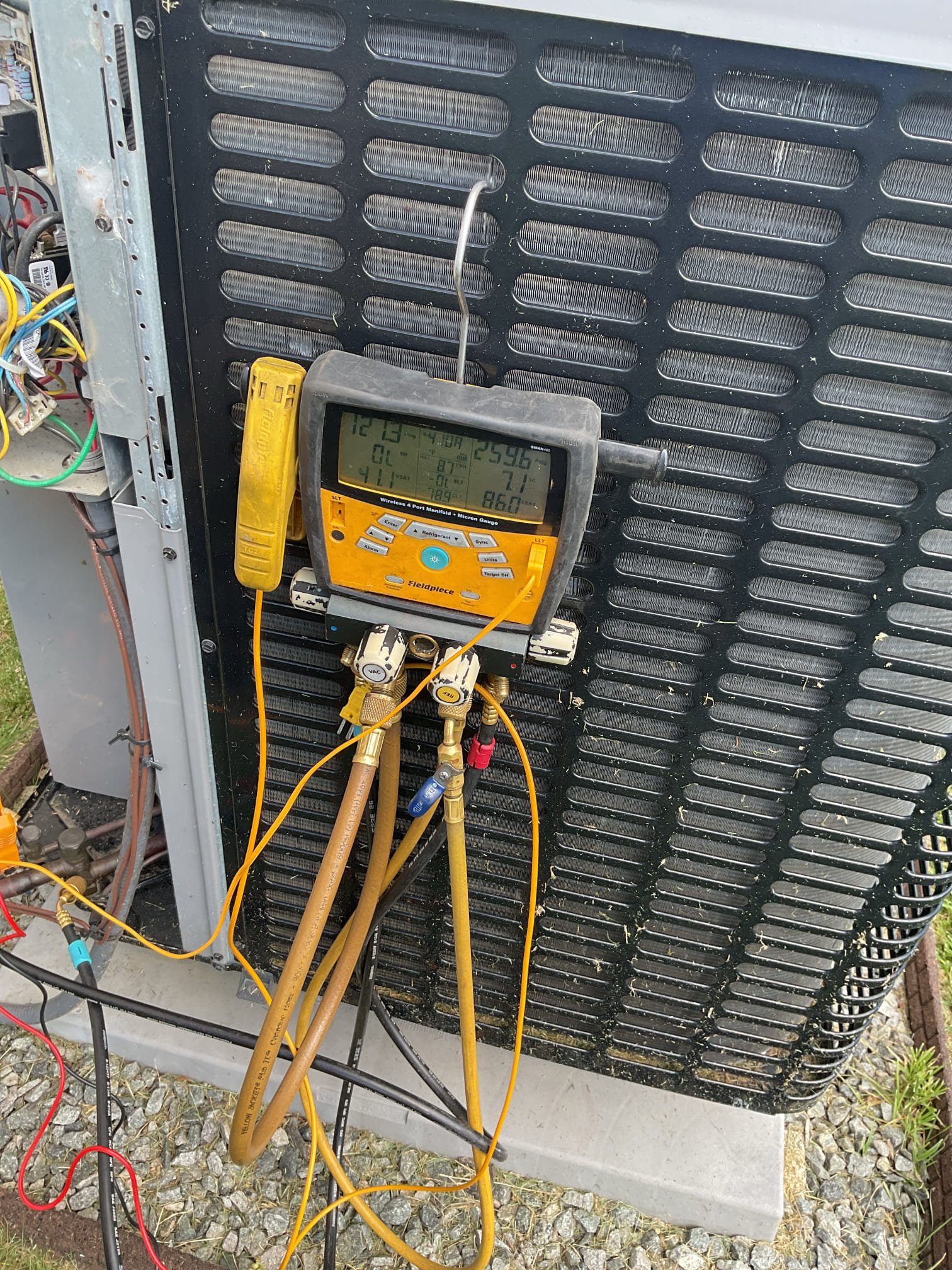 4/17/26. Fully assessed no cooling situation on 2019 Coleman heat pump system. System had a call for cooling when I arrived. Found indoor blower motor running and outdoor condenser fan motor but not compressor. Found system had 205 psi standing pressure. Found failed 35/5 capacitor. Replaced capacitor and tested operation. Checked temperature split. 410a refrigerant pressures were 259/121 with 7 subcooling. Customer also signed up for maintenance plan. Also found no surge protection inside or out, provided options. Heat pump is working properly at time of service. 