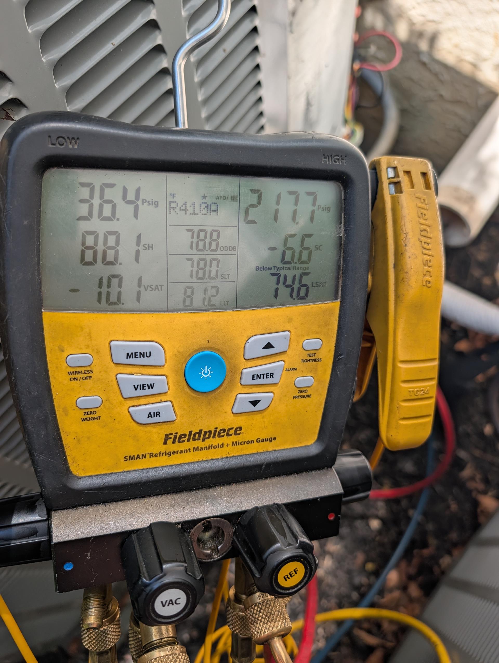 No cooling 1st floor system 4 Ton Heat pump. 
Homeowners had turned power off to breaker for outdoor unit.
Turned breaker back on.
Found system running at very low refrigerant levels. 
Did a complimentary electronic leak search. Could not pinpoint leak. 
Recovered and weighed what little refrigerant was in system 24oz (Factor charge is 244oz) so system lost 82% of its charge. Lineset is approximately 15’
Pressurized system to 330 psi with dry nitrogen. 
System held this pressure 35 min. See photos.
After 

The leak could very well have been a schrader core that re-seated when I put my hoses on. 
We will leave system under pressure. Return early next week and check pressure. If there are no other leaks we will replace all schrader cores, evacuate then charge the system. 

Left disconnect to this system outdoor unit off. 
Second floor system still operating.
They can use indoor fan for first floor system. 