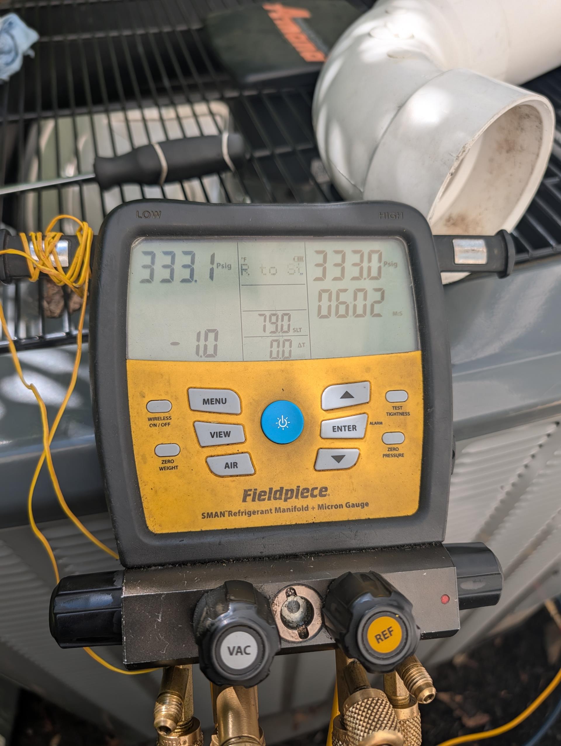 No cooling 1st floor system 4 Ton Heat pump. 
Homeowners had turned power off to breaker for outdoor unit.
Turned breaker back on.
Found system running at very low refrigerant levels. 
Did a complimentary electronic leak search. Could not pinpoint leak. 
Recovered and weighed what little refrigerant was in system 24oz (Factor charge is 244oz) so system lost 82% of its charge. Lineset is approximately 15’
Pressurized system to 330 psi with dry nitrogen. 
System held this pressure 35 min. See photos.
After 

The leak could very well have been a schrader core that re-seated when I put my hoses on. 
We will leave system under pressure. Return early next week and check pressure. If there are no other leaks we will replace all schrader cores, evacuate then charge the system. 

Left disconnect to this system outdoor unit off. 
Second floor system still operating.
They can use indoor fan for first floor system. 