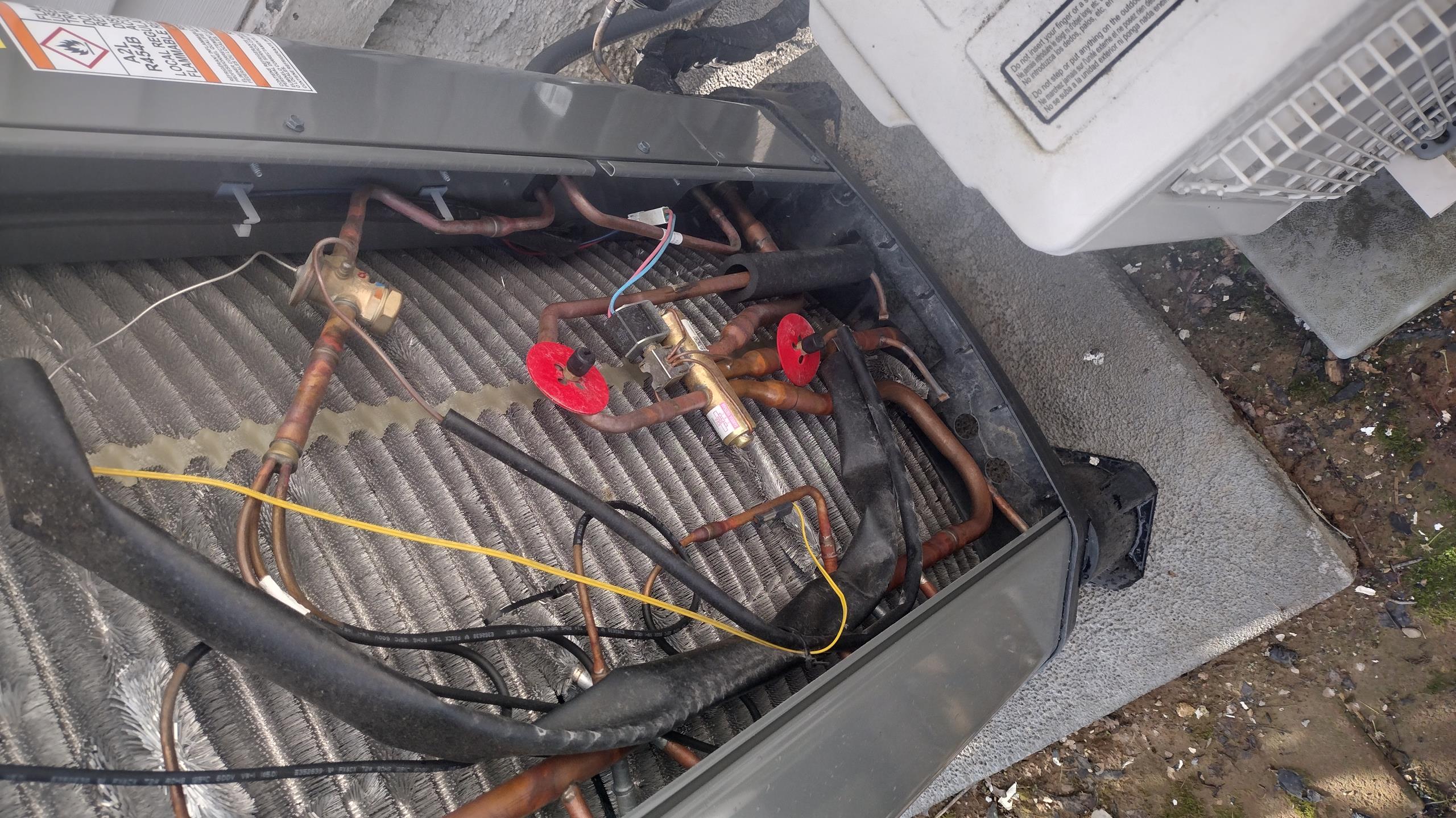 Luis 4-20-26 customer called in for thermostat not working (blank) customer stated water was inside auxiliary pan. He dried pan and unit all the sudden came on. I inspect drain system l flush water on primary pan and check flow ok test pump ok. No issue with drain. Customer stated filter was wet. (Filter was super dirty completely restricting airflow) I test heat pump operation ok. Check refrigerant levels on 38 degree outside temperature. Levels and within manufacture range. No issues found with unit. Most likely dirty filter made coil iced up and then water was dripping into pan killing water safety switch. Customer will need to change filter every 30 days. Warranty call 