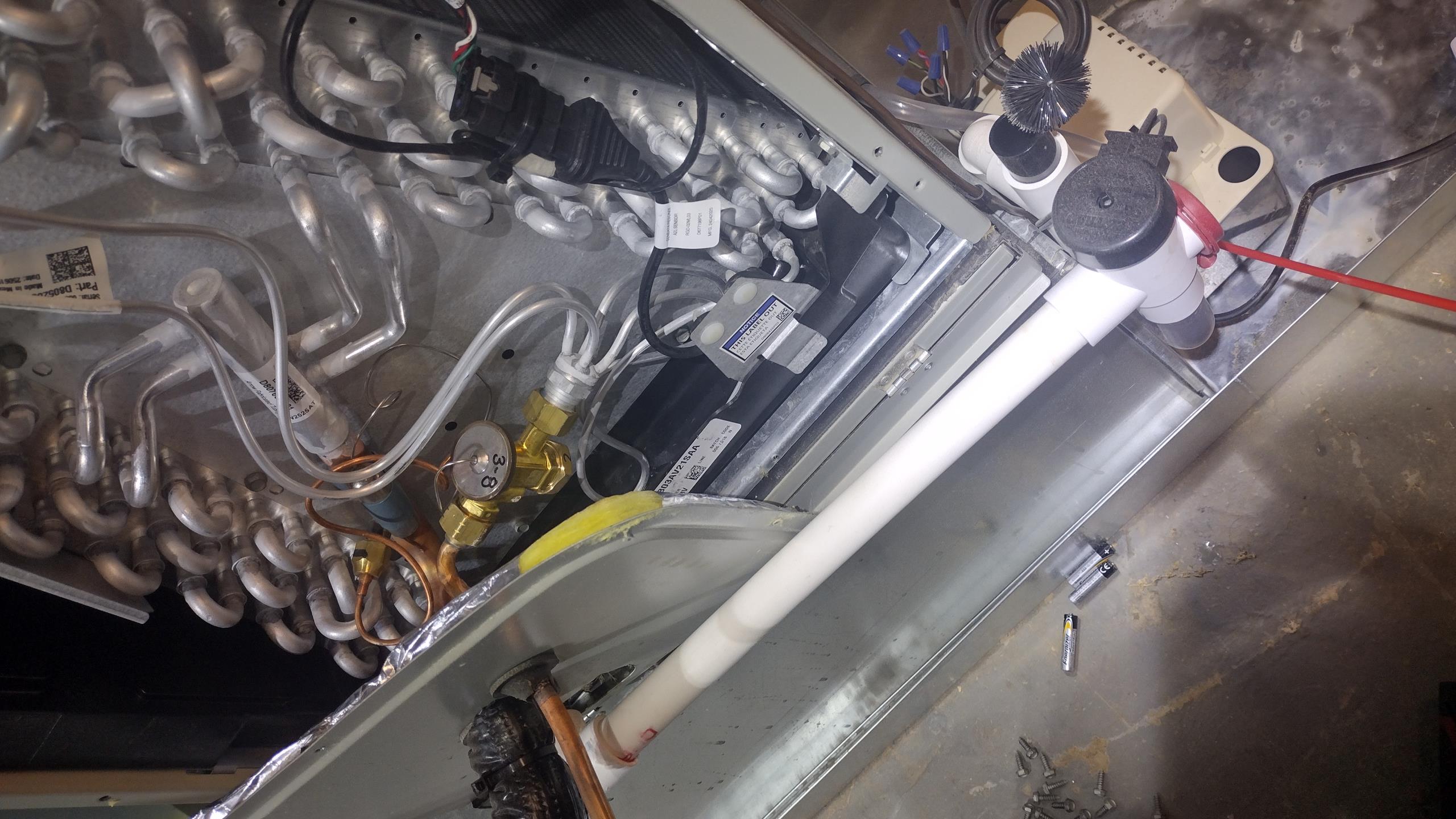 Luis 4-20-26 customer called in for thermostat not working (blank) customer stated water was inside auxiliary pan. He dried pan and unit all the sudden came on. I inspect drain system l flush water on primary pan and check flow ok test pump ok. No issue with drain. Customer stated filter was wet. (Filter was super dirty completely restricting airflow) I test heat pump operation ok. Check refrigerant levels on 38 degree outside temperature. Levels and within manufacture range. No issues found with unit. Most likely dirty filter made coil iced up and then water was dripping into pan killing water safety switch. Customer will need to change filter every 30 days. Warranty call 