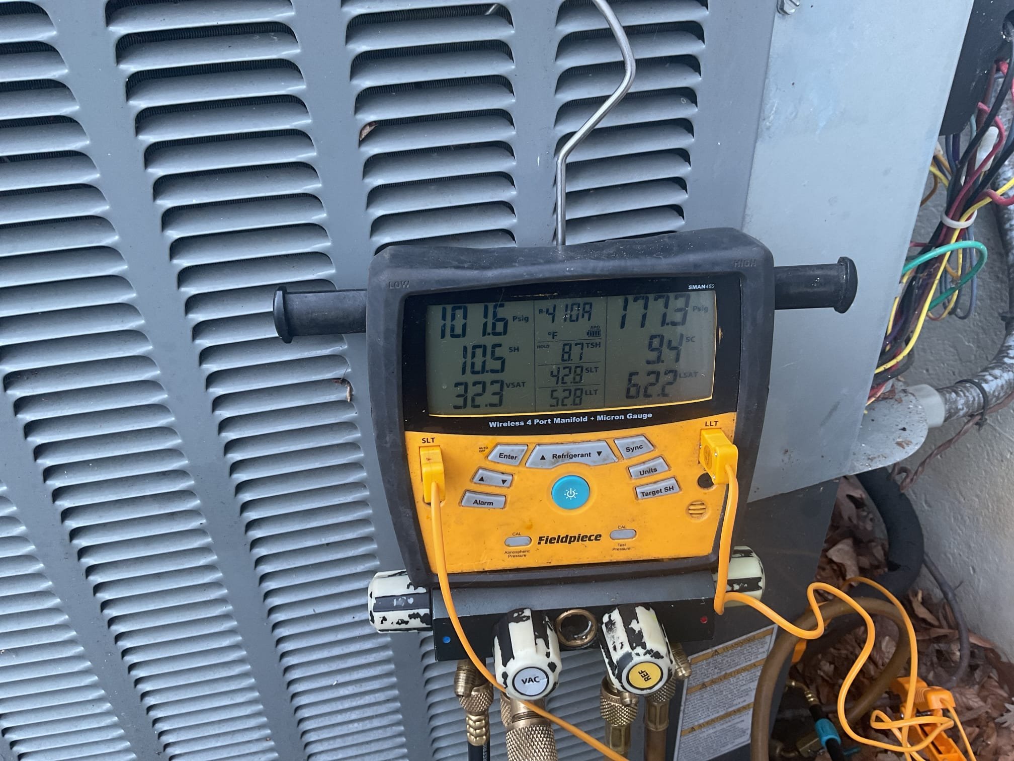 4/20/26. Pulled refrigarant charge back into condenser as much as possible. Removed failed txv and installed new txv valve in its place. Pressure tested with 350 psi nitrogen and bubble checked. Vacuumed down system to 380 microns. Released charge back into system and adjusted charge by 1 lbs 30zs for proper subcooling. R 410 refrigerant pressures are 176/101 with 9.4 subcooling and 8 superheat. Checked temperature split at indoor unit it was 21 degrees. A/c is working properly at time of service. 