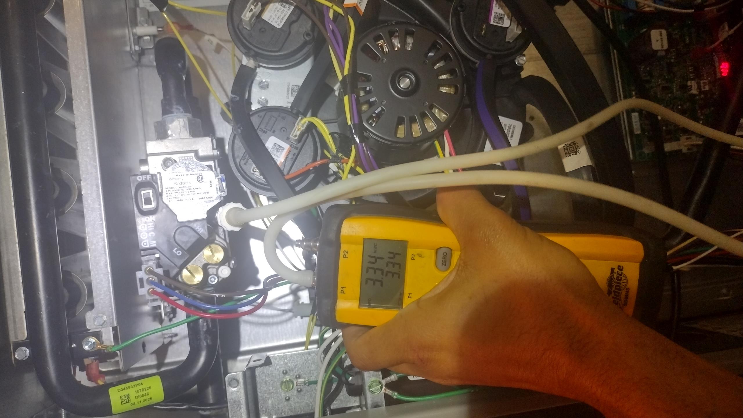 Luis 4-21-26 return visit to replace two stage gas valve for heater, set up and check gas pressure ok low and high stage ok performed combustion test ok. Add vent on furnace trap so water drains better. Cycle heater operation ok no charge warranty from installation. 