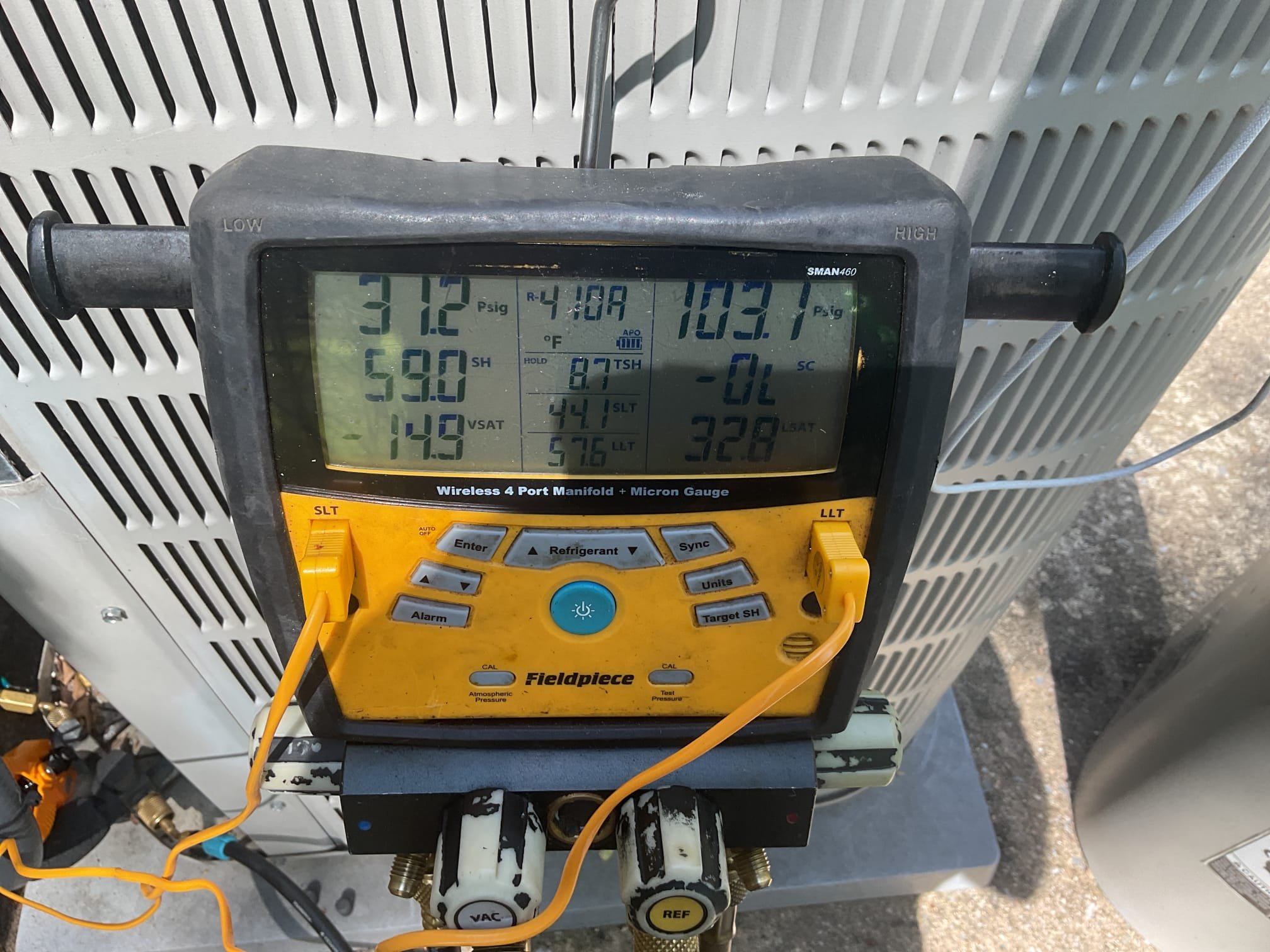 4/21/26. Fully assessed no cooling situation on 2003 r-22 fridgidaire a/c. Found after kicking on system it was low on charge pressures were 105/34, very low on charge, system will not cool on the hot days and will freeze up risking water damage. Explained to homeowner that we do not charge r-22 systems any more. Recommended replacement of system. Talked to homeowner about a heat pump system. Set up appointment with our office. 