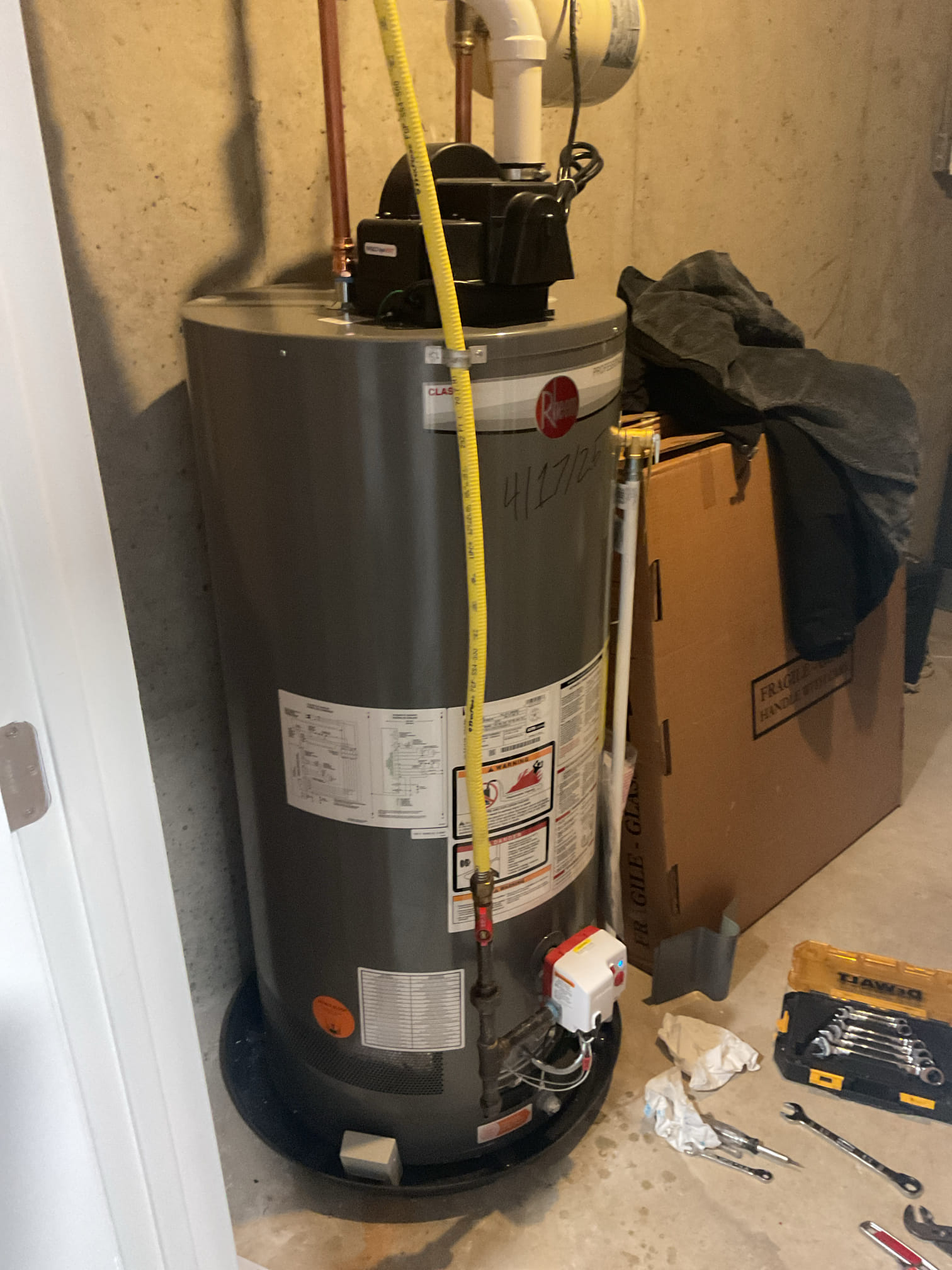 4/22/26. Found water heater installed by dibiase roughly 1 year ago had a gas smell . Soaped up gas line the found the issue. Found that the gas control was leaking gas out of the body itself, took photos. This is under the 2 year dibiase gurantee. Called distributor and got a gas valve ran out. Replaced under warranty. Drained down tank but found out with this new style this didn’t need to be drained. Re filled and purged air. Checked for any leaks, no leaks found. Water heater is operating correctly at time of service. 