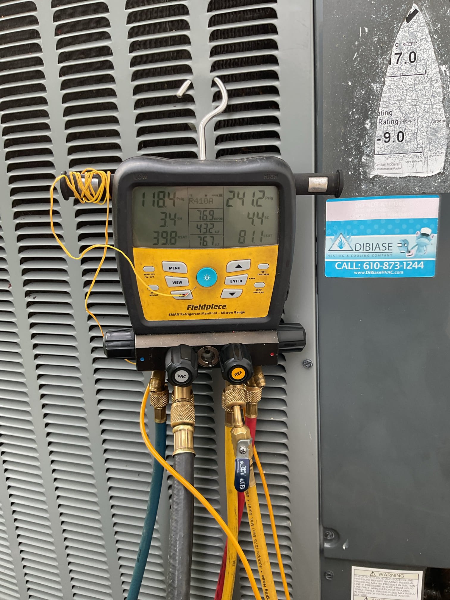 No cooling: homeowners described indoor fan runs but not outdoor equipment 
Equipment is Heat pump/Gas Furnace hybrid installed by Dibiase June 2019. 7 years old.

Made demand for cooling from thermostat 
Started by checking Equipment interface module @ indoor equipment and making sure there was demand for cooling from thermostat
Outdoor equipment control displaying 04 error code “locked rotor”
Checked start components: 35/5 capacitor reading perfect.
KS1 start assist reading 0 and a burn mark on top near terminal. Was hot to the touch. Hard start Kit has failed. Was installed May 28 2024 so replacement is covered by Dibiase 2-year guarantee. Replaced and tested.
Cleaned outdoor coil with nearby hose. (Backside only had layer of dirt) 

Recommend replacing Aprilaire 213 filter ASAP. Limit use of system until you can replace it. Offered to replace today. Recommend replacing every 6 months. 

System operating well at this time. 
