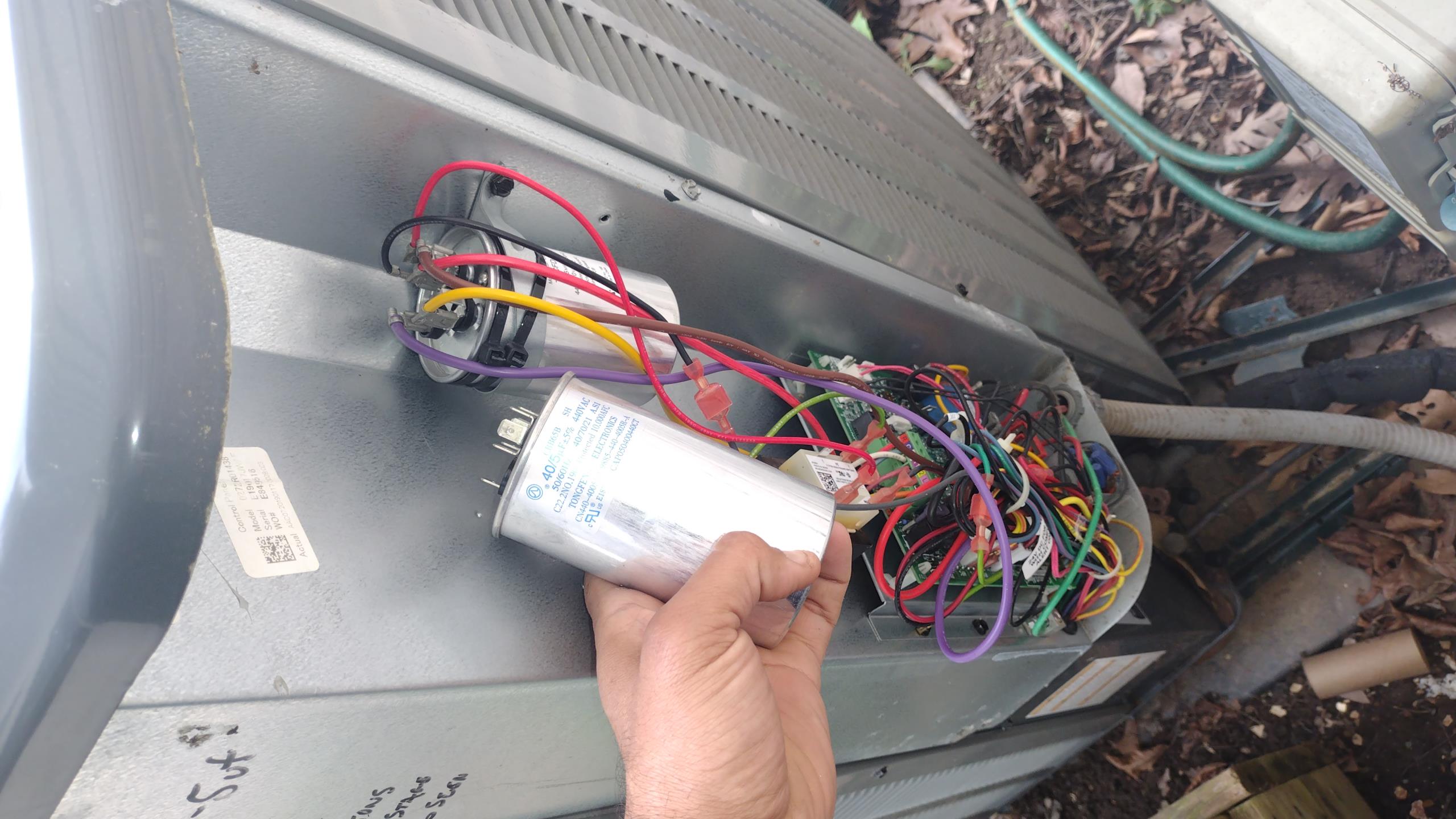 Luis 4-29-26 replacement of capacitor for outdoor heat pump, 40/5 customer was not home, unit was not running at the time of visit, I could not test system after installation of capacitor. Power is back on to unit. 