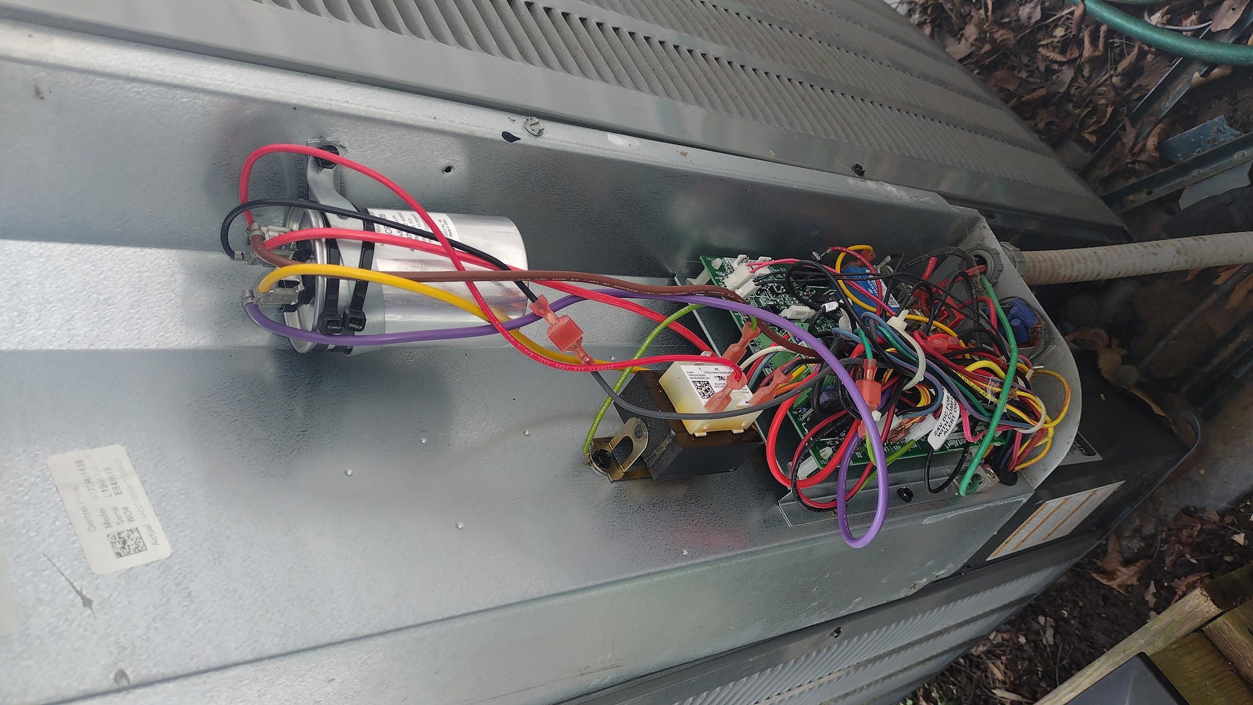 Luis 4-29-26 replacement of capacitor for outdoor heat pump, 40/5 customer was not home, unit was not running at the time of visit, I could not test system after installation of capacitor. Power is back on to unit. 