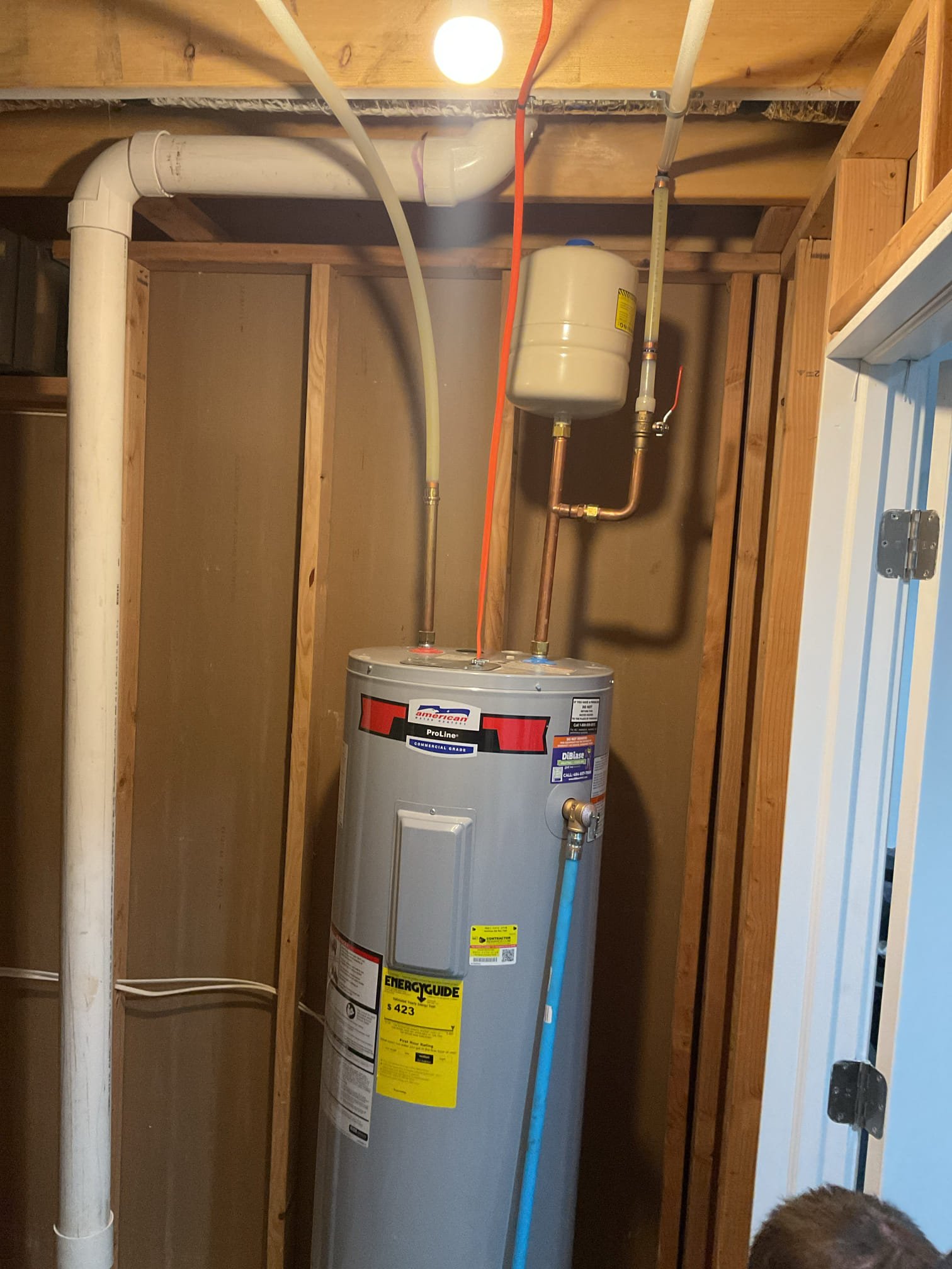 

Luis 4-30-26 Install New Drain Pan under Water heater with water alarm and replace relief valve. Check water heater expansion tank, add air to tank 60 psi. Check water pressure 60 psi. Bleed water lines and test operation ok. 