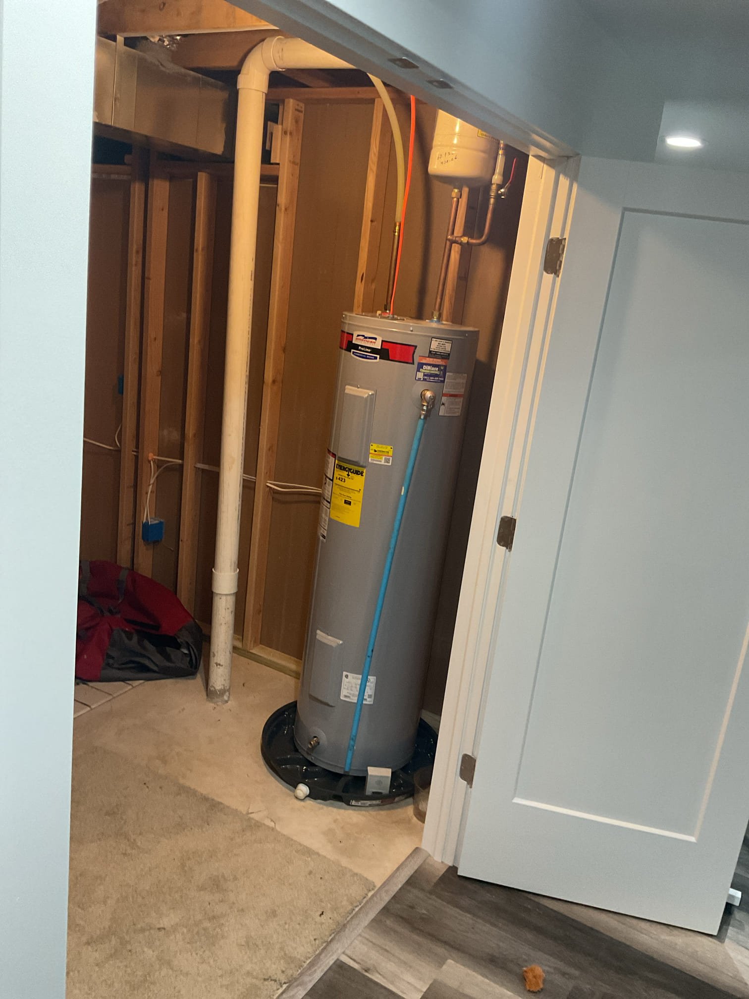 

Luis 4-30-26 Install New Drain Pan under Water heater with water alarm and replace relief valve. Check water heater expansion tank, add air to tank 60 psi. Check water pressure 60 psi. Bleed water lines and test operation ok. 
