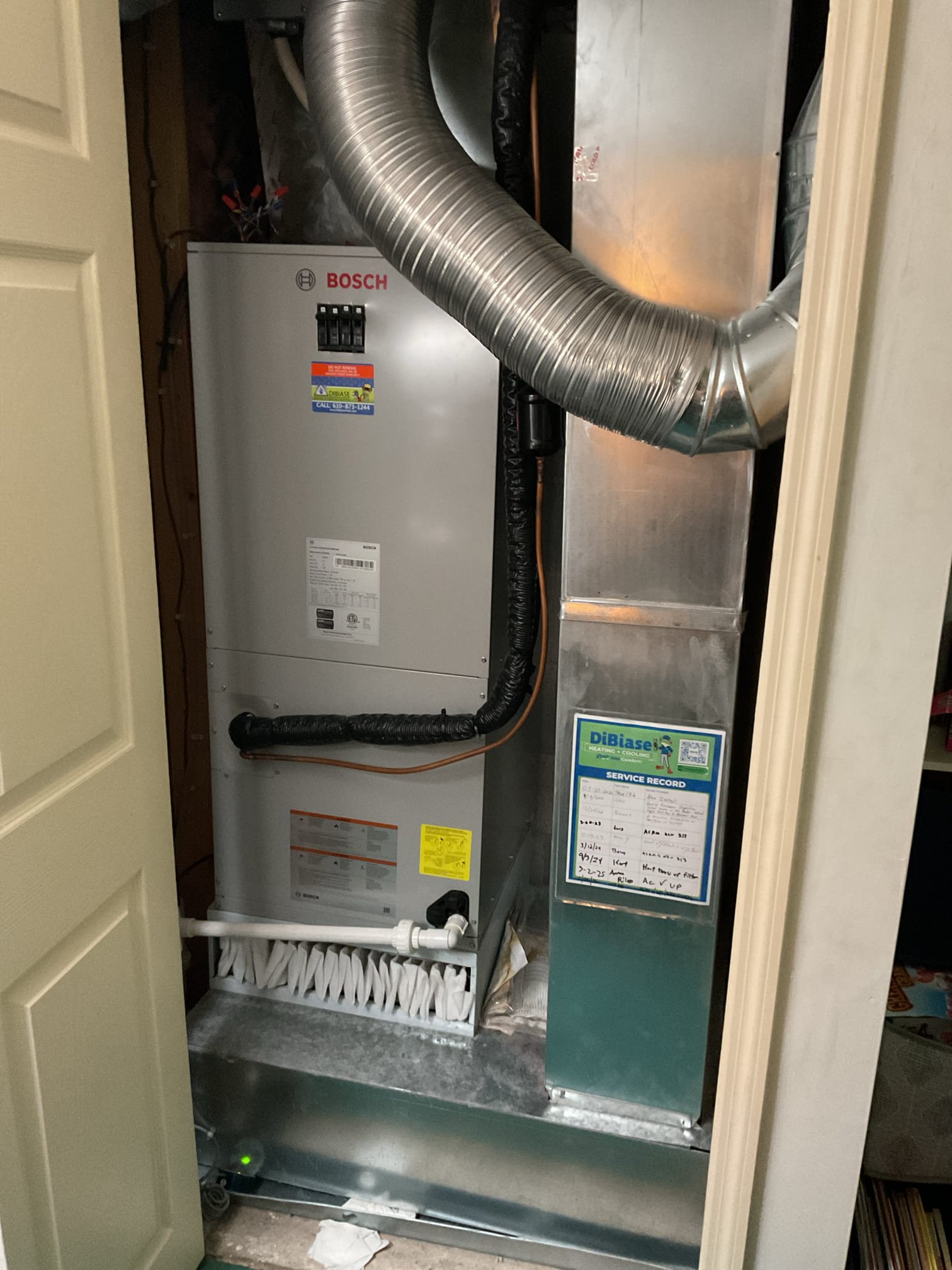 5/1/26 Dan 


I arrived to the customers home to service their 3 yr old Bosch heat pump system . I checked the wiring connections and the voltages . I checked and found  the indoor air filter is good , the filter size is AA 313 . I Inspected the indoor coil and tested the primary drain pan and cleared and tested the water drains and traps if applicable. I Took indoor temp splits at the return and the supply  and checked the blower motor condition and operation. I looked  at the outdoor unit wiring connections and voltages . I inspected  the outdoor components and checked my unit pressures by using super heat sub cool method.  System in good operating condition at this time. 
Collected for $189.00 contract renewal. Paid by cc.