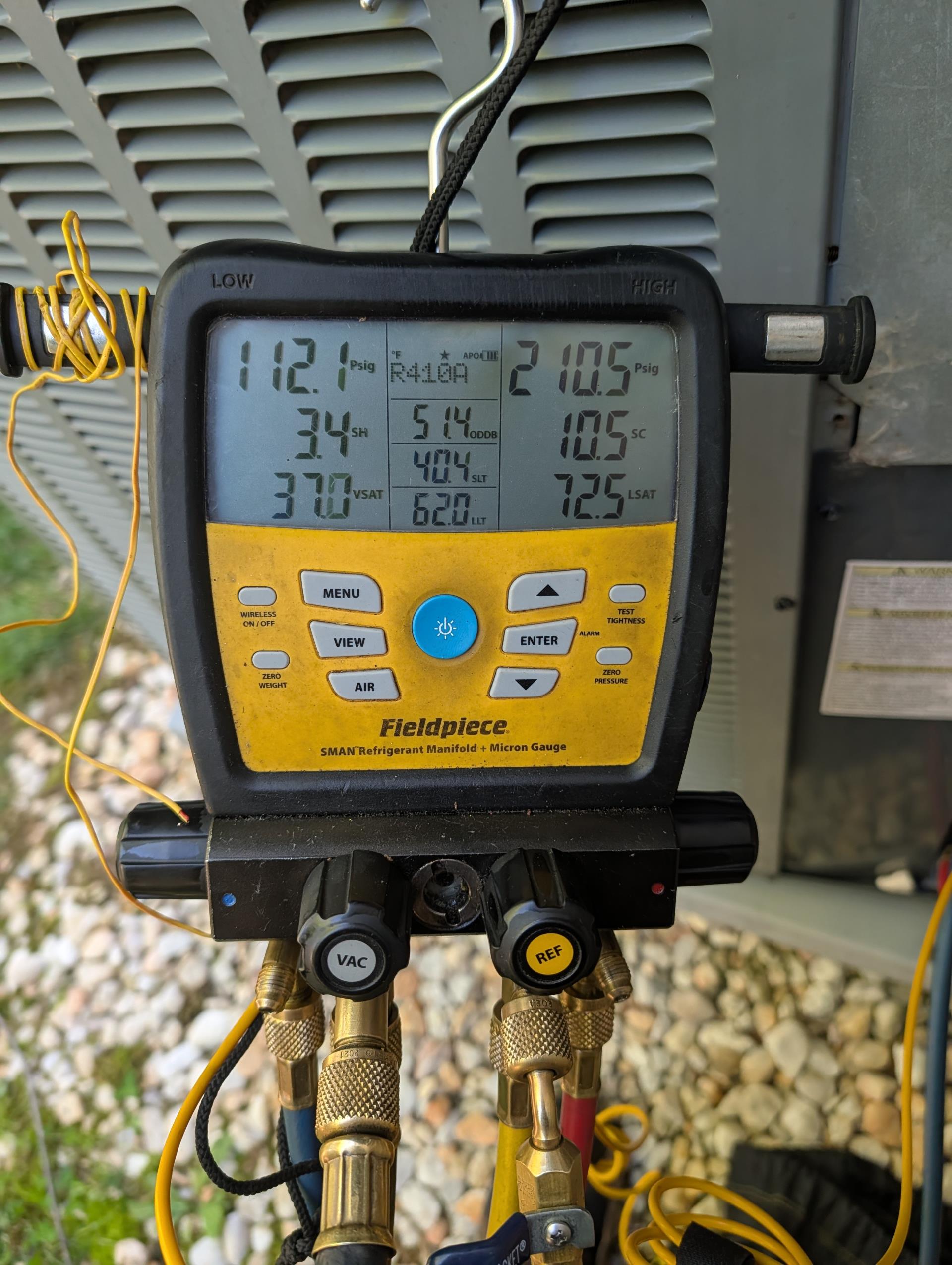 Completed AC tune up for 4 Ton Amana AC system; installed by Dibiase 7/11/17; 9 years old 

20x25x1 filter ok
Indoor and outdoor coils in good condition 
Inspected wiring, controls, electric motors and components; equipment does not have any surge protection; left estimates for surge protectors 1 for outdoor equipment circuit and 1 for indoor blower motor. 
Measured temperature split and static pressure 
Inspected drains; cleared drain line at service tee added treatment tabs to drain pan. 
Checked integrity of compressor motor (mega ohm test)

Assessed refrigerant charge checked pressures. 10° Subcooling 5°SH Good

AC system operating well at this time but lacks surge protection and water safeties for indoor equipment. As a reminder there are no parts warranties after 10 years. 