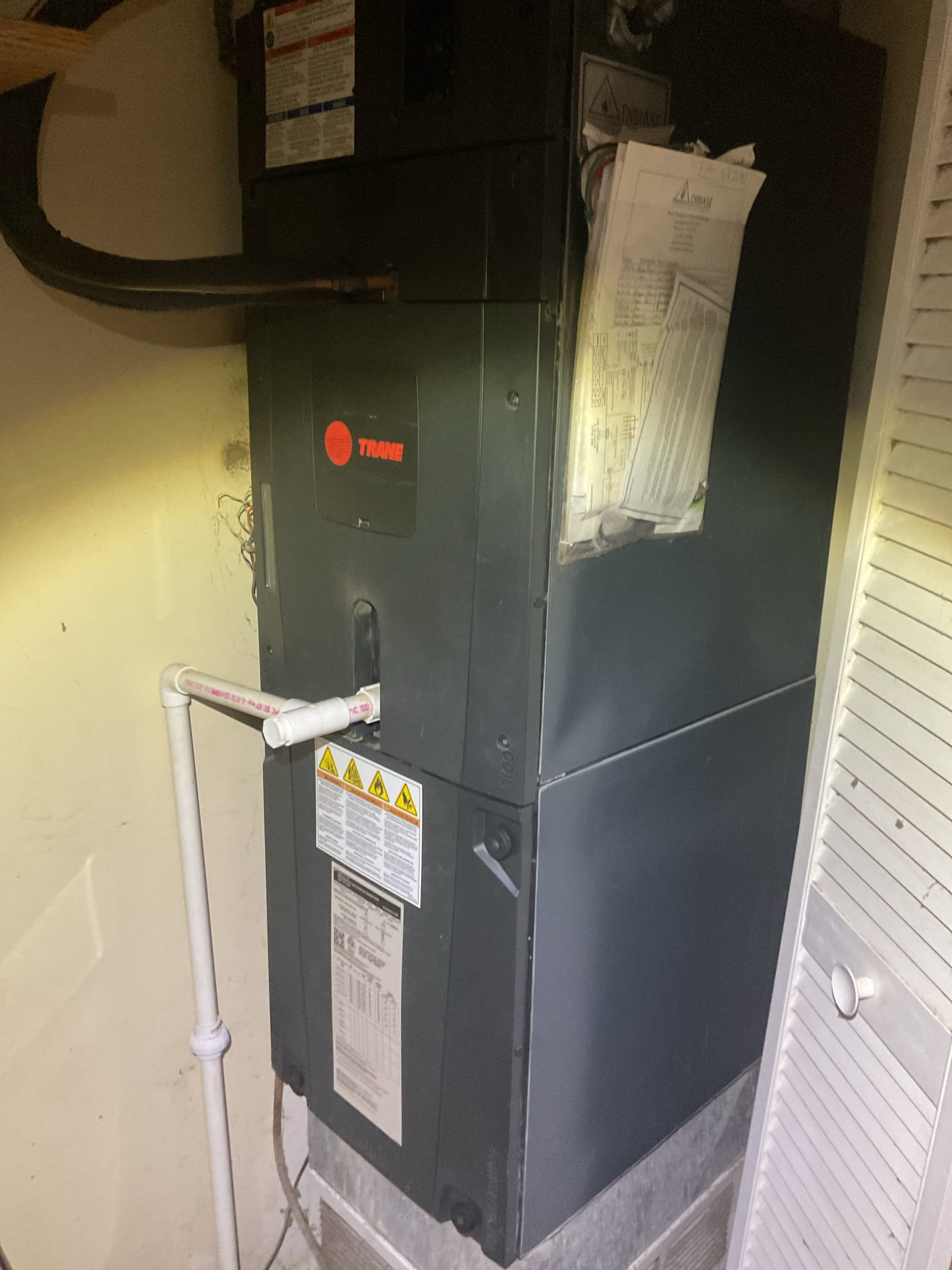 5/4/26 Dan 

I arrived to the customers home to service their 11  yr old trane a/c system.  . I checked the wiring connections and the voltages . I checked and replaced the indoor air filter , filter size is a 16x20x1 . I Inspected the indoor coil and tested the primary drain pan with water and flushed the drain line and cleared. I Took indoor temp splits at the return and the supply  and checked the blower motor condition and operation. I looked at the outdoor unit wiring connections and voltages . I inspected  the outdoor components and checked my unit pressures by using super heat sub cool method.  The system is currently operational but past normal life expectancy. Replacement of system is recommended in the near future. 

