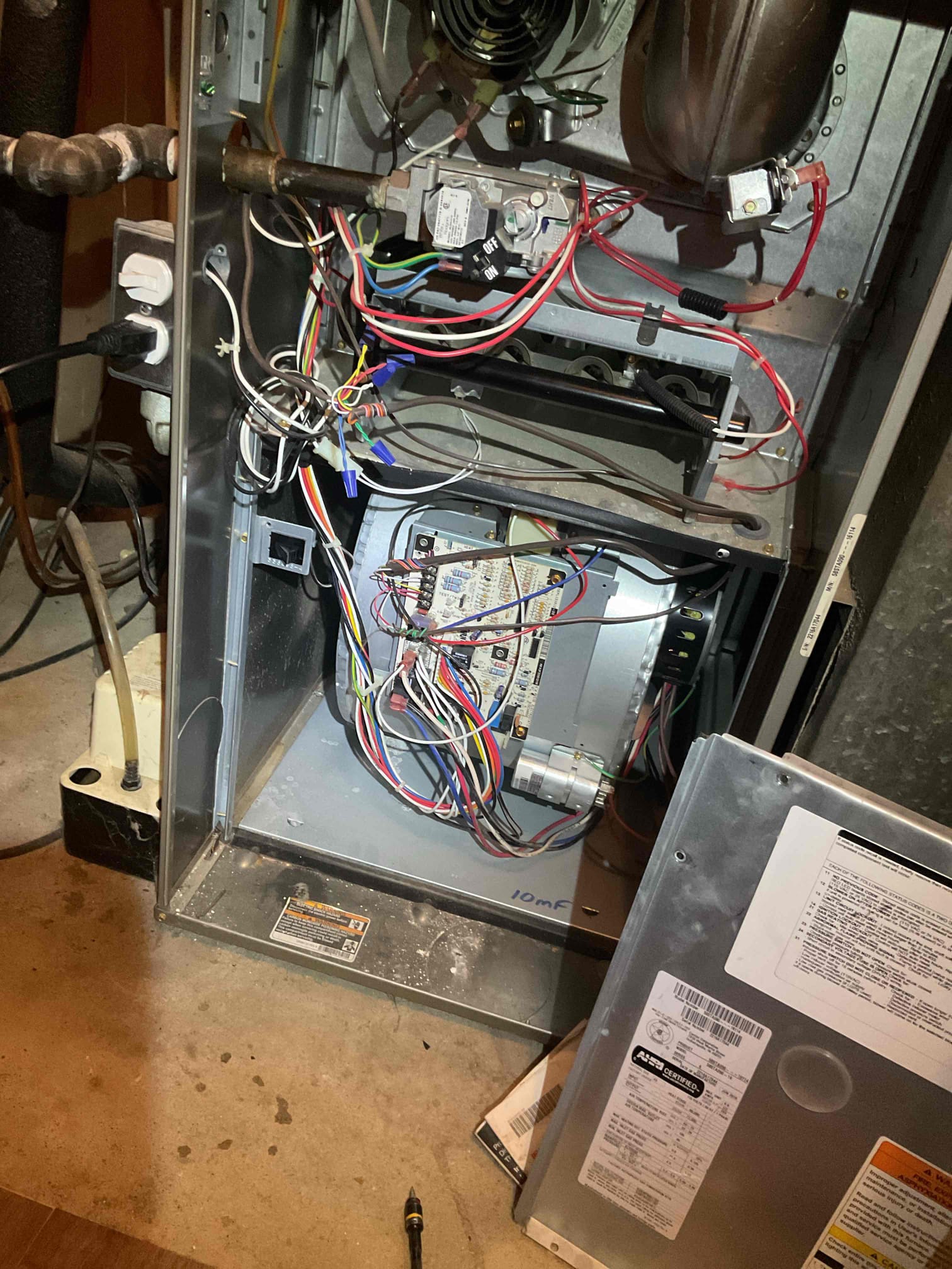 Luis 5-4-26 performed ac tune up on carrier 3 ton ac unit from 2016. Check all electrical inside and outside units. Replace air filter, flush drain test pump ok. No water protection on system. Provided estimate to add water sensor, drain goes to outside 3/8 vinyl tubing. Craw space and out with line set. Check air supply and return ok. Check outdoor unit refrigerant levels ok capacitor and contactor ok. Cycle ac unit ok. System currently operational but nearing end of normal life expectancy. Due to age, replacement of system should be considered in near future. I emailed estimate for indoor air quality and water protection. 