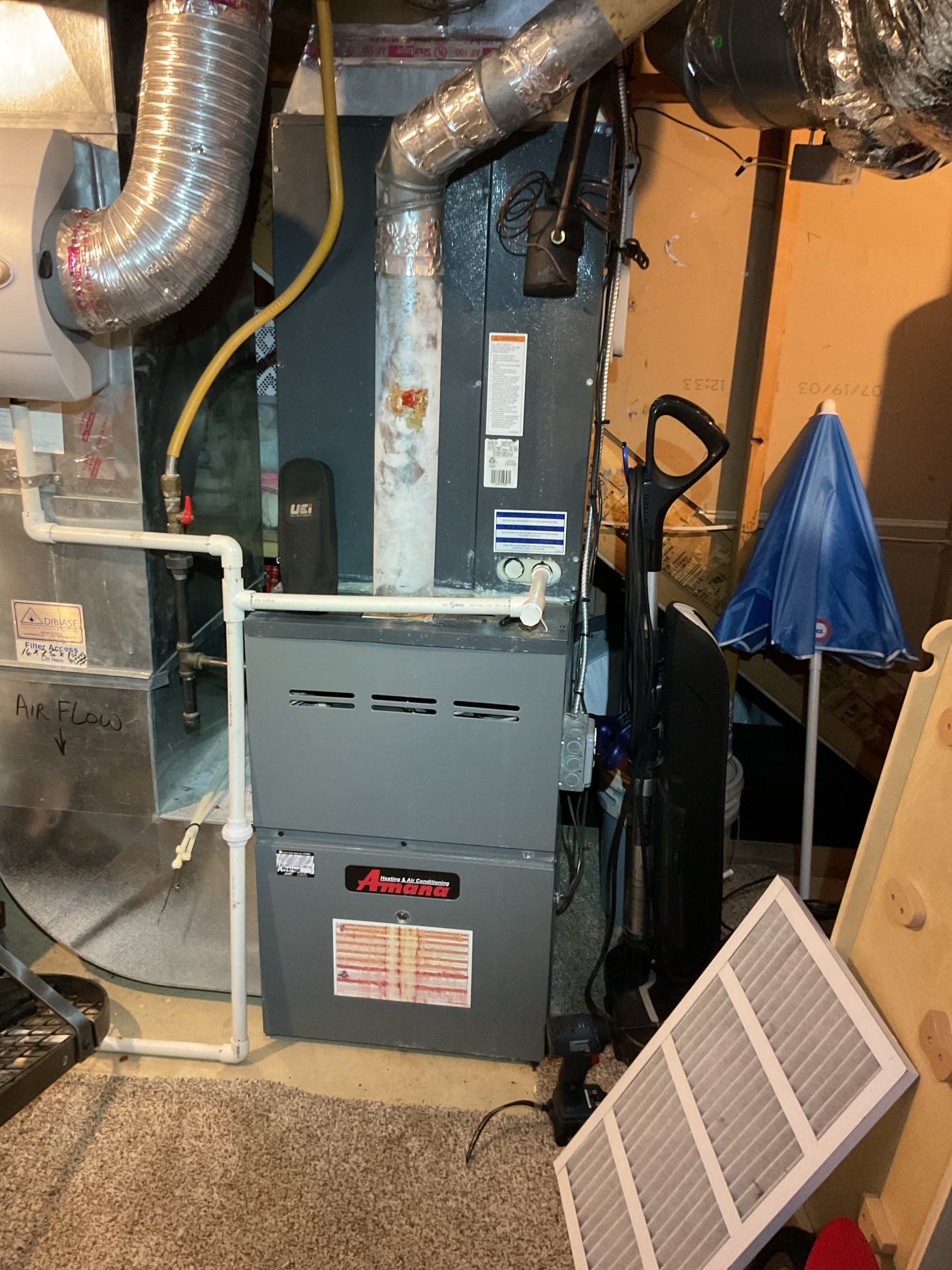 Completed AC tune up for 3 Ton Amana AC system; 3 zones

Replaced 16x25x1 filter
Indoor coil ok. Cleaned outdoor coil using nearby available hose bib. Only the back side had buildup
Inspected wiring, controls, electric motors and components; left estimates for surge protector for outdoor equipment circuit. Indoor blower motor has surge protector
 Measured temperature split and static pressure 
Inspected drains; brushed out drain line; added treatment tabs to drain pan.
Drain system lacks overflow protection and floor water safety. Provided separate estimates for wet switch and drain pan overflow protection switch.
Checked integrity of compressor motor (mega ohm test)

Assessed refrigerant charge checked pressures. 

AC system operating well at this time. System is 10 years old which is considered replacement age for forced-air systems. Lacks surge protection outdoor equipment circuit and water safeties. 

I charged card on file for plan renewal and emailed estimates for recommendations
