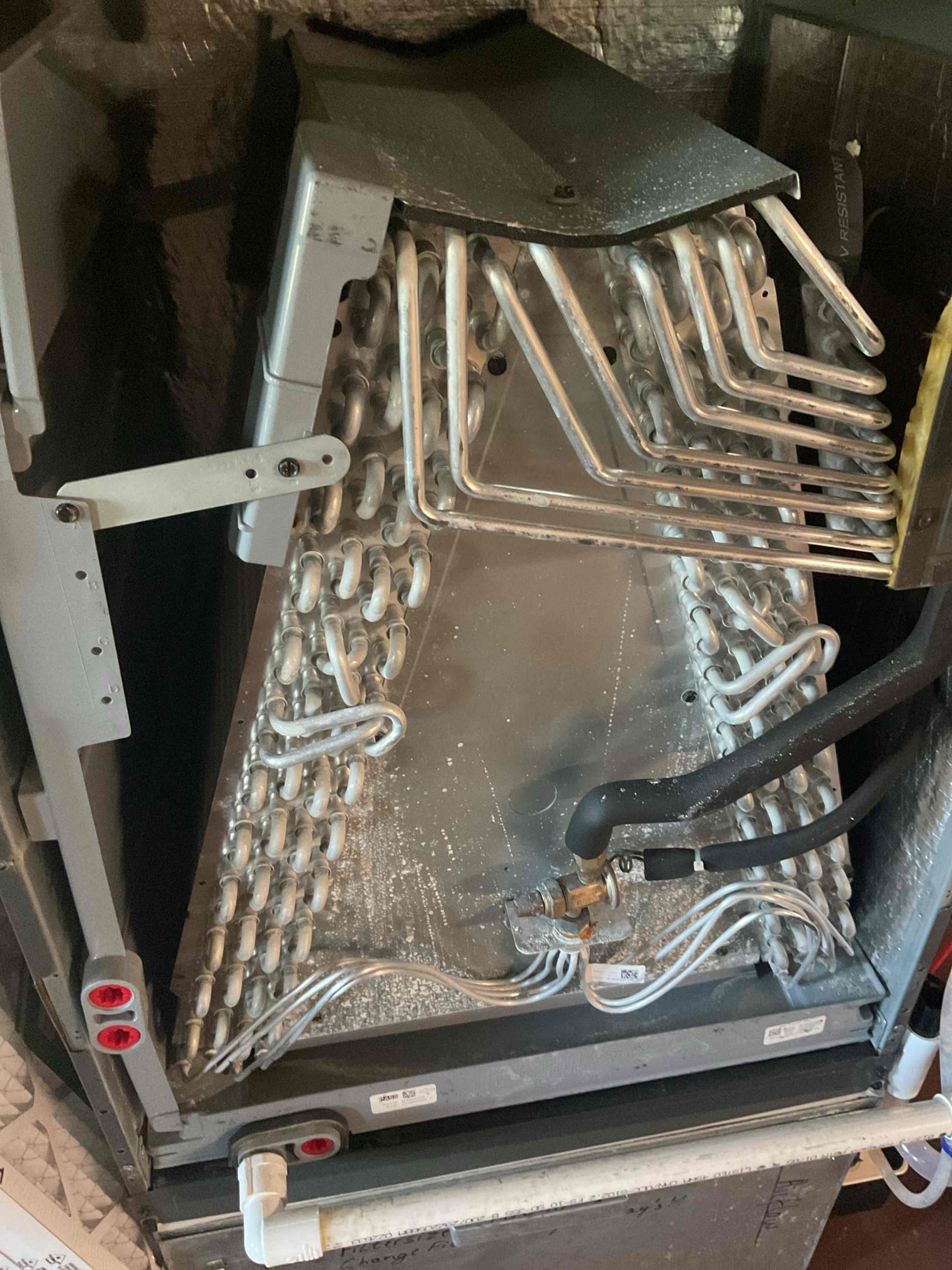5/5/26 Dan 

I arrived to the customers home to service their 4 yr old Amana heat pump system . I checked the wiring connections and the voltages . I checked and replaced the indoor air filter , the filter size is 24x24x1. I Inspected the indoor coil and tested the primary drain pan and cleared and tested the water drains and traps if applicable. I Took indoor temp splits at the return and the supply  and checked the blower motor condition and operation. I looked  at the outdoor unit wiring connections and voltages . I inspected  the outdoor components and checked my unit pressures by using super heat sub cool method.  System in good operating condition at this time. 

He showed some interest possibly for adding a dynamic filter system , filter size 24x24x1. Will review the estimates.
