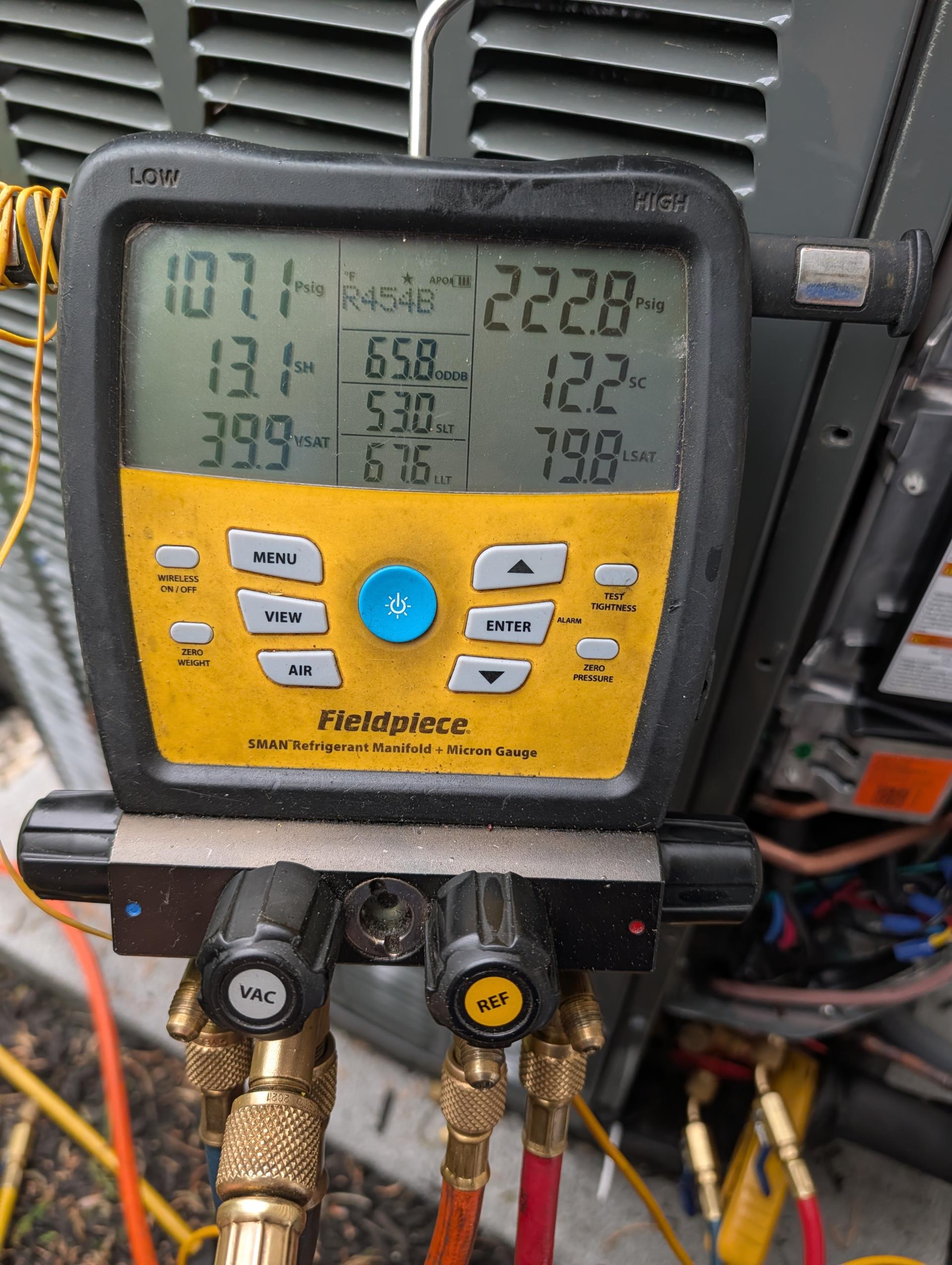 Completed AC tune up for 4 Ton Trane AC system
Equipment is gas furnace AC with 3 zones installed 1/21/26

The “change humidifier pad” reminder is part of the humidistat. It is based on a timer that is needed with certain humidifier applications. It is not necessary in this application so I disabled the “change pad” reminder. 
The hydrocore of this humidifier will need to be replaced next heating season. 

Replaced 16x25x1 filter, there is a new 12x12x1 filter in basement return grille. They will replace this one soon.
Indoor and outdoor coils in good condition 
Inspected wiring, controls, electric motors and components; 
Measured temperature split and static pressure 
Inspected drains; cleared EZ trap, tested pump and added treatment tabs to drain 
Checked integrity of compressor motor (mega ohm test)

Assessed refrigerant charge checked pressures. Charged system 1#4oz r454B refrigerant to meet manufacturer subcooling 12° and to match pressure curve in manufacturer literature. System 