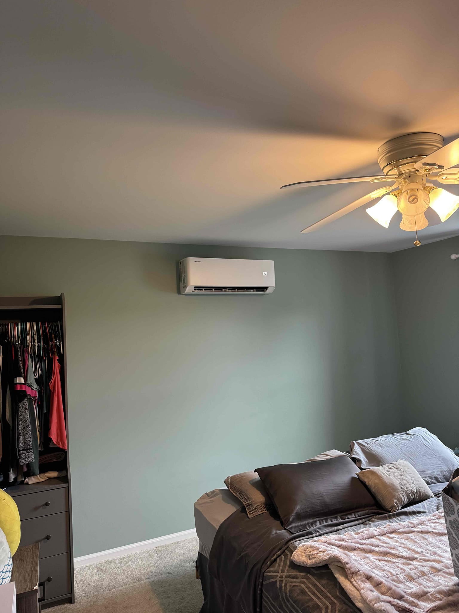 
Install new multi ductless outdoor heat pump unit on the right side of the home next to the other existing unit.  Unit will be installed on a new pad and risers will be installed to elevate the unit.

Install 2 new indoor wall units, one in the master bedroom and one in the front bedroom.  The outdoor units will be placed center of the beds.  

New wiring will be ran from the circuit breaker panel to the outdoor unit and a new circuit breaker will be installed.  A new voltage monitor with disconnect and surge protector will be installed with new wiring to the outdoor unit.

New linesets will be installed to each indoor unit with new wiring and drain lines.  White lineset covers ill be installed at outdoor to conceal the linesets.

Unit will be pressure tested, evacuated, and charged. System will be started up and commissioned.


Installed new high sense mini split two indoor heads one outdoor unit ran approximately 120 feet of line set one line set was 85 feet and the other was 35 fee