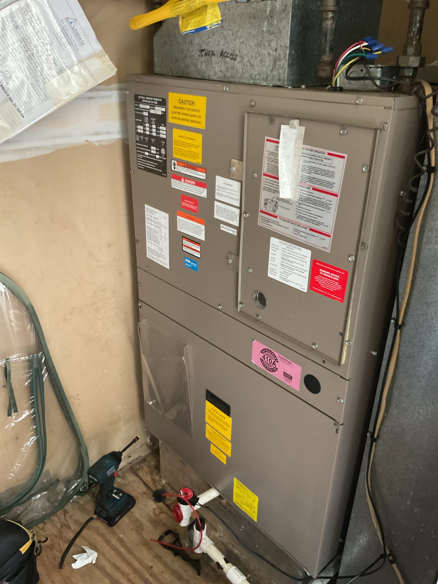 Arrived for AC tune up on gas+AC package unit.
Installed 12/8/2013 13 years old 

This unit has proven to have a leak at indoor coil March of 2023. We charged the unit needed refrigerant on May 2023.

Today I Found system cutting off on low pressure within 30 seconds of operating. I offered to charge the unit again as she is not interested in new system. She wants me to leave the estimate to charge the system.

Completed remaining tune up procedures:
Filter is clean replaced 4/17/26
Cleared drain. 
Inspected wiring, controls, electric motors. Provided email estimate for surge protector. 

AC system is not operational until the system is charged needed R410A 

