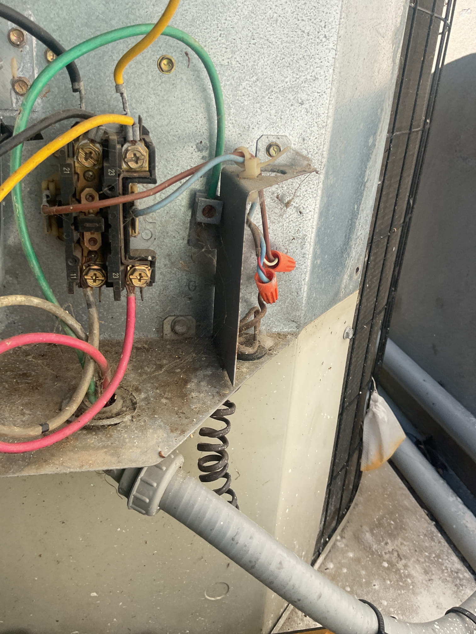 Diagnosed 2 Ton Daikin minispit for sunroom/addition.
It is completely devoid of refrigerant (R410A) 
Provided estimate to conduct a nitrogen leak search to determine where leaks are, then Give estimates for appropriate repairs
 Explaineded that leak(s) could be  in one of the coils.  System is about 5-6 years old. Installed by homeowner. Also discussed replacing system. 

AC tune up for 2.5 Ton R22 AC system 
Equipment is AC/Gas Furnace dates to 2001: 25 Years old

16x25x1 filter ok
Indoor coil has rust as to be expanded given age; outdoor coil ok
Inspected wiring, controls, electric motors and components; contactor operational but the contacts are black and pitted. Provided estimate to replace contactor. There are no surge protectors. Provided estimate. 
Measured temperature split and static pressure 
Inspected drains; there are no cleanouts or industry standard water safeties. Pump is also very dirty. The high voltage at furnace needs to be done with a 4x4 box and receptacle with sw