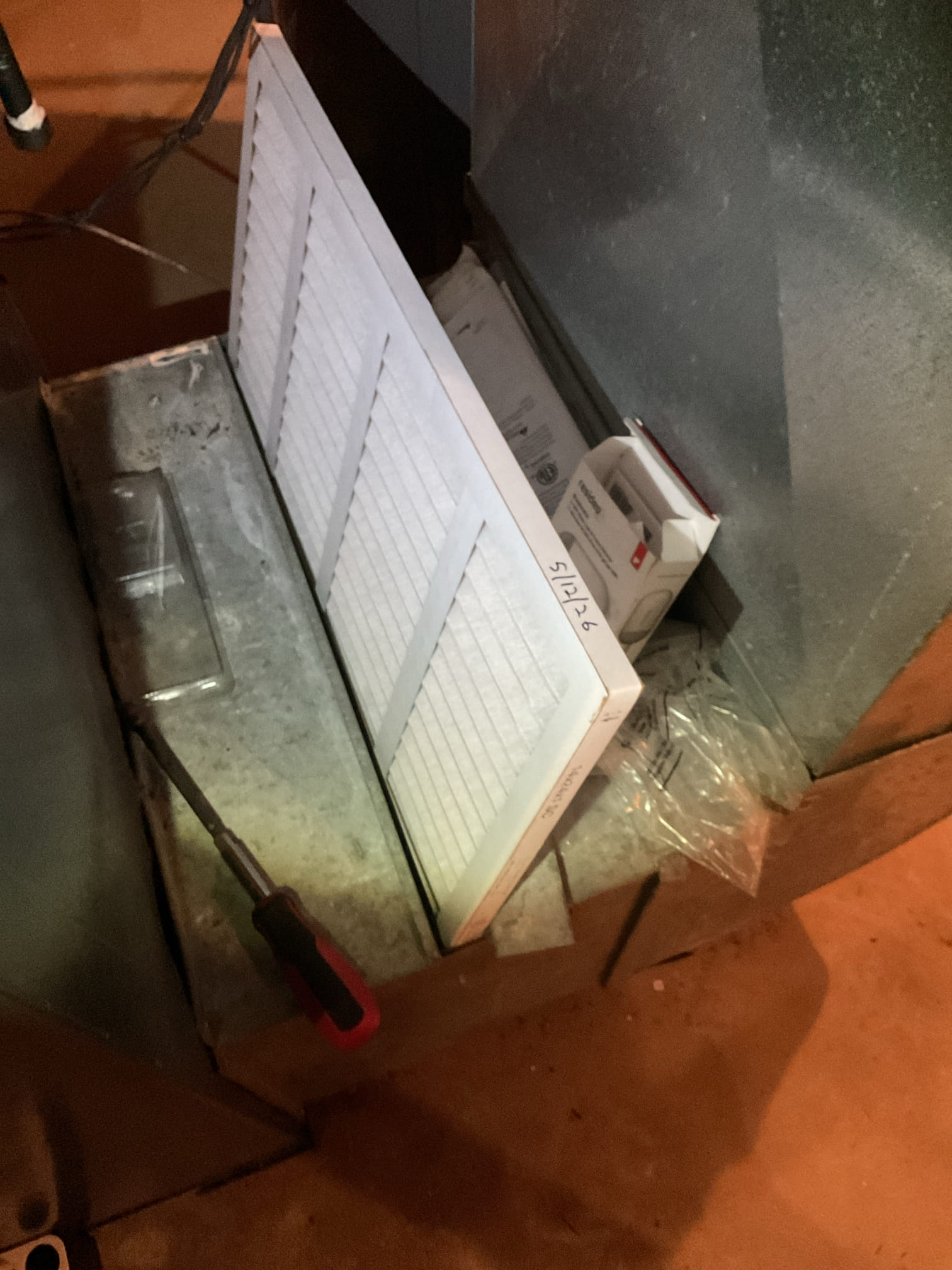 5/12/26 Dan 

I arrived to the customers home to service their 9 yr old Amana a/c system . I checked the wiring connections and the voltages . I checked and replaced the indoor air filter , the filter size is 14x24x1. I Inspected the indoor coil and tested the primary drain pan and cleared and tested the water drains and traps if applicable. I Took indoor temp splits at the return and the supply  and checked the blower motor condition and operation. I looked  at the outdoor unit wiring connections and voltages . I inspected  the outdoor components and checked my unit pressures by using super heat sub cool method.  System in good operating condition at this time. 

Collected for service agreement renewal for $189.00 paid by cc. 
